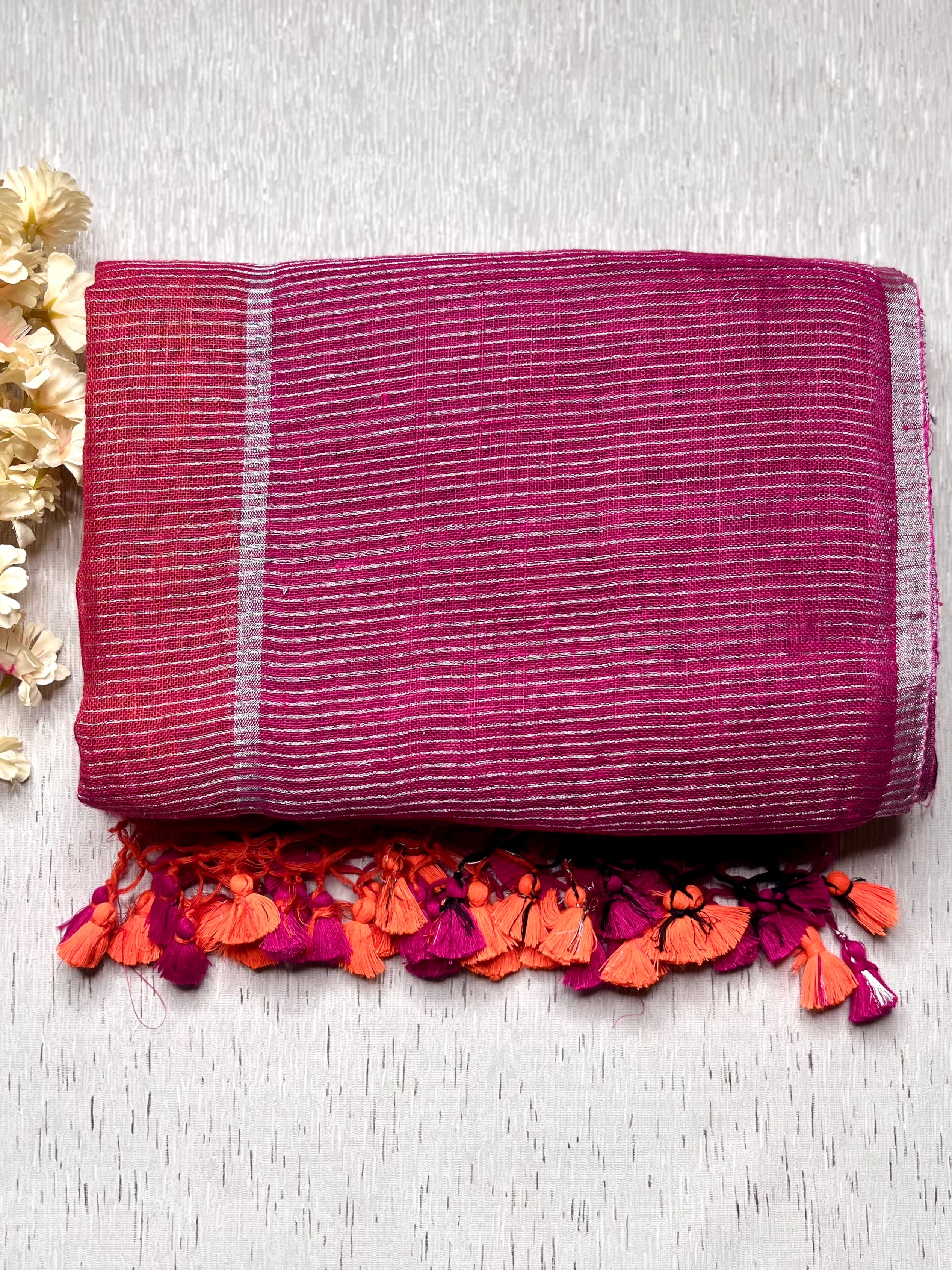 Handwoven Linen Saree -  Deep Pink + Rich Magenta