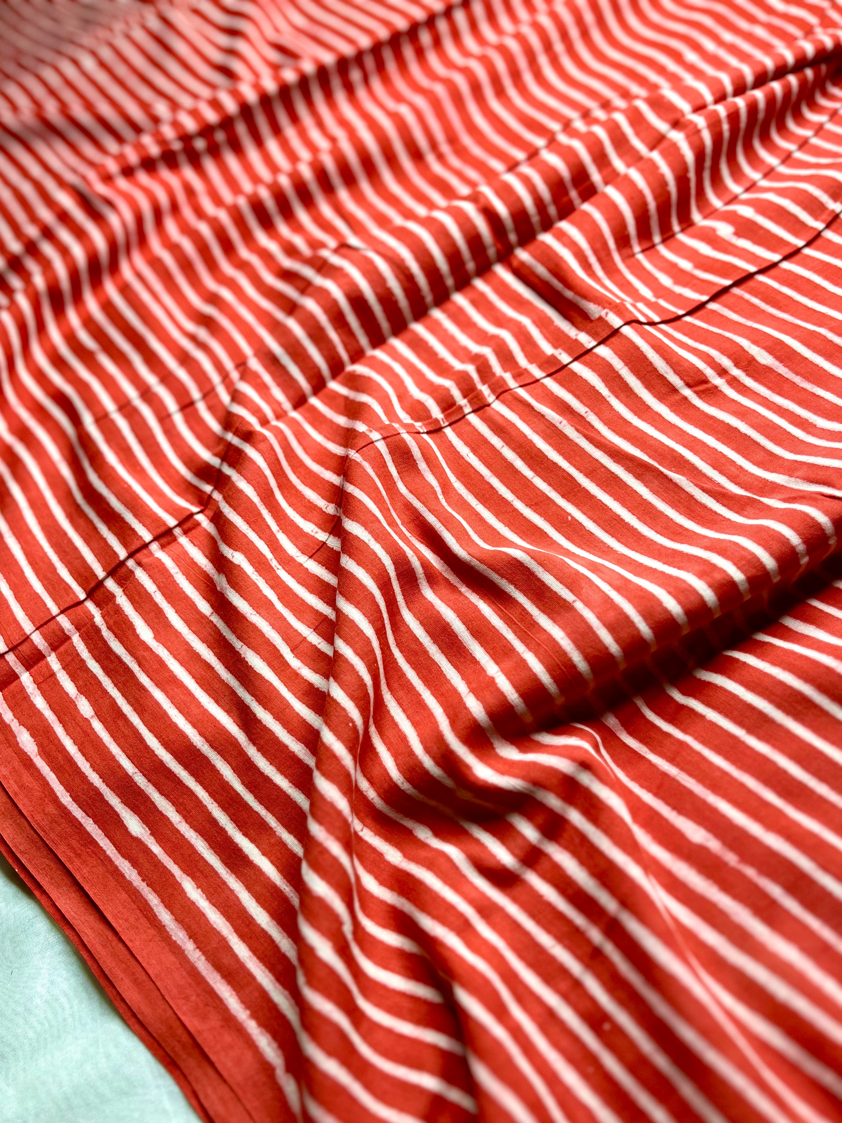 Handblock Printed Cotton Saree -  Persian Orange + Swiss White