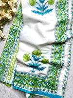 Load image into Gallery viewer, Handblock Printed Cotton Saree -  French White + Blue Green
