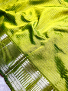 Handwoven Silk Cotton Saree - Lime Green + Silver