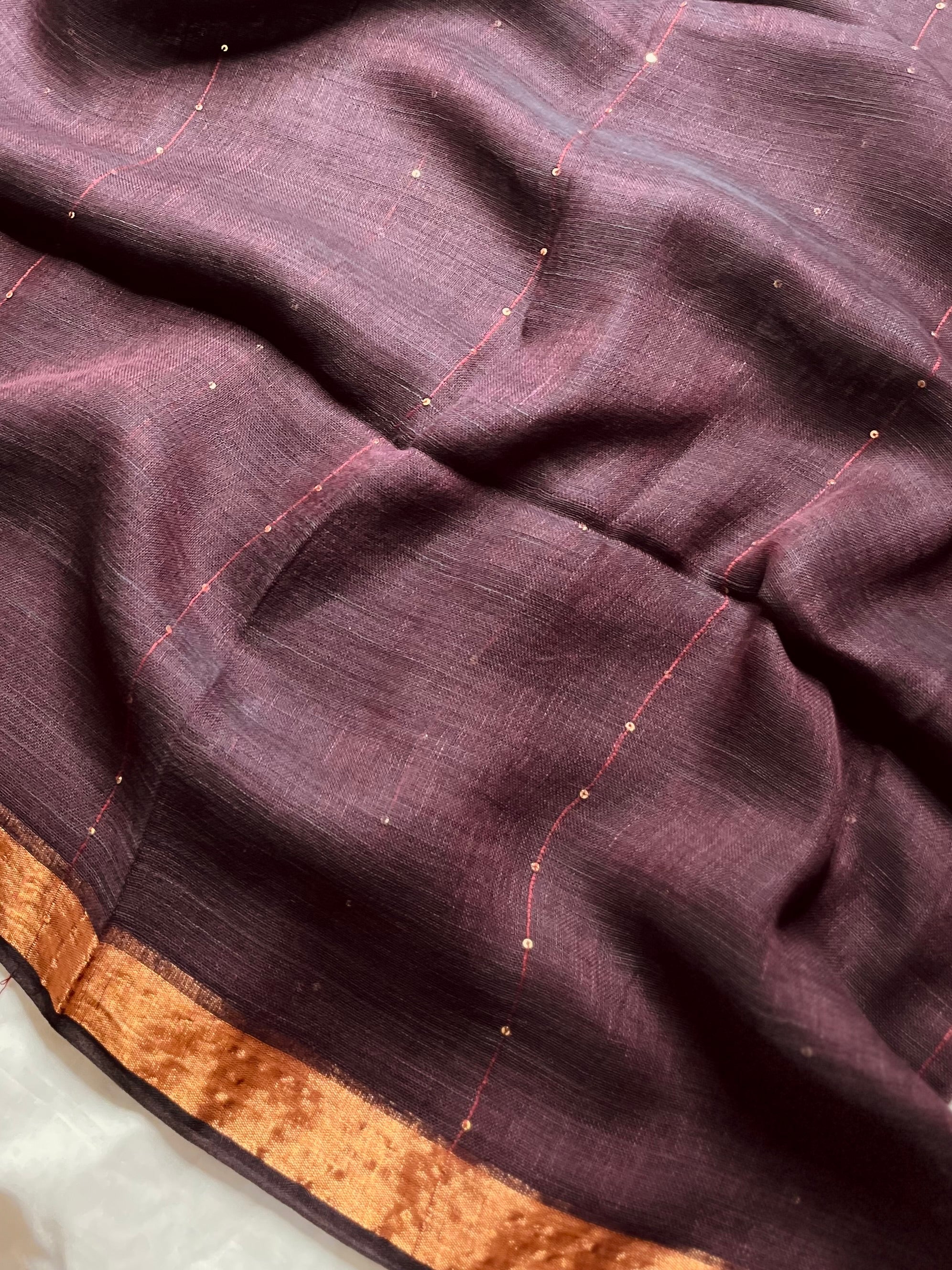 Handwoven Linen Saree -   Woody Brown + Gold