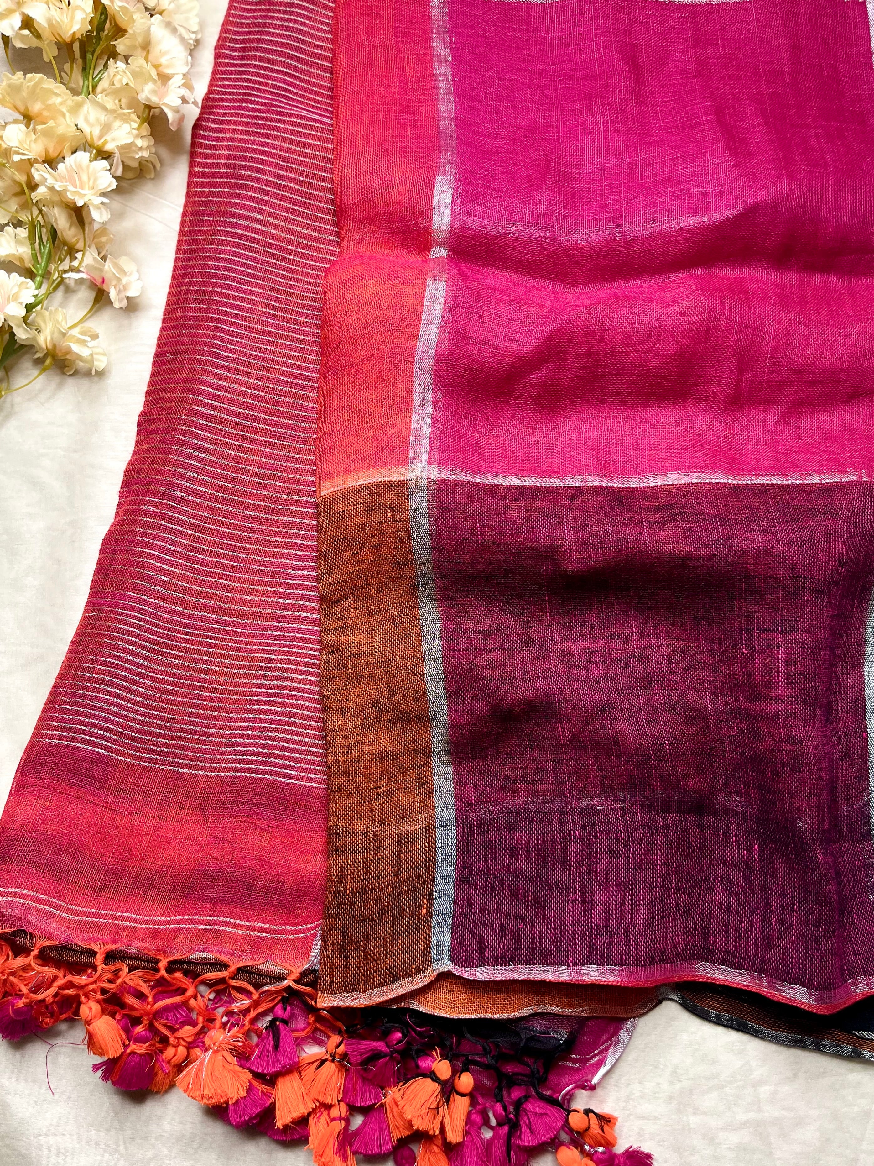 Handwoven Linen Saree -  Deep Pink + Rich Magenta