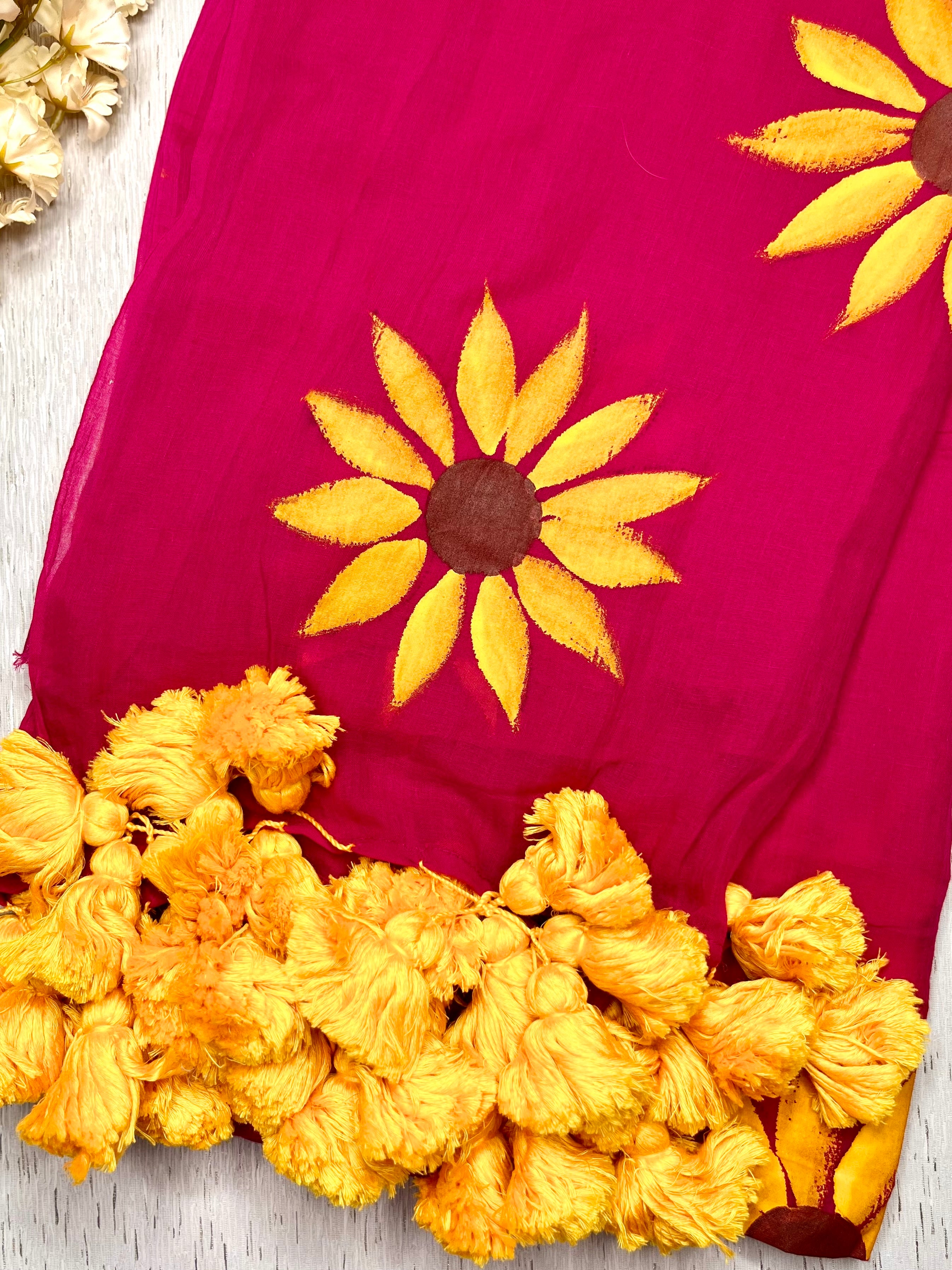 Hand Painted Cotton Saree - Cerise Rose + Corn Yellow