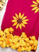Load image into Gallery viewer, Hand Painted Cotton Saree - Cerise Rose + Corn Yellow
