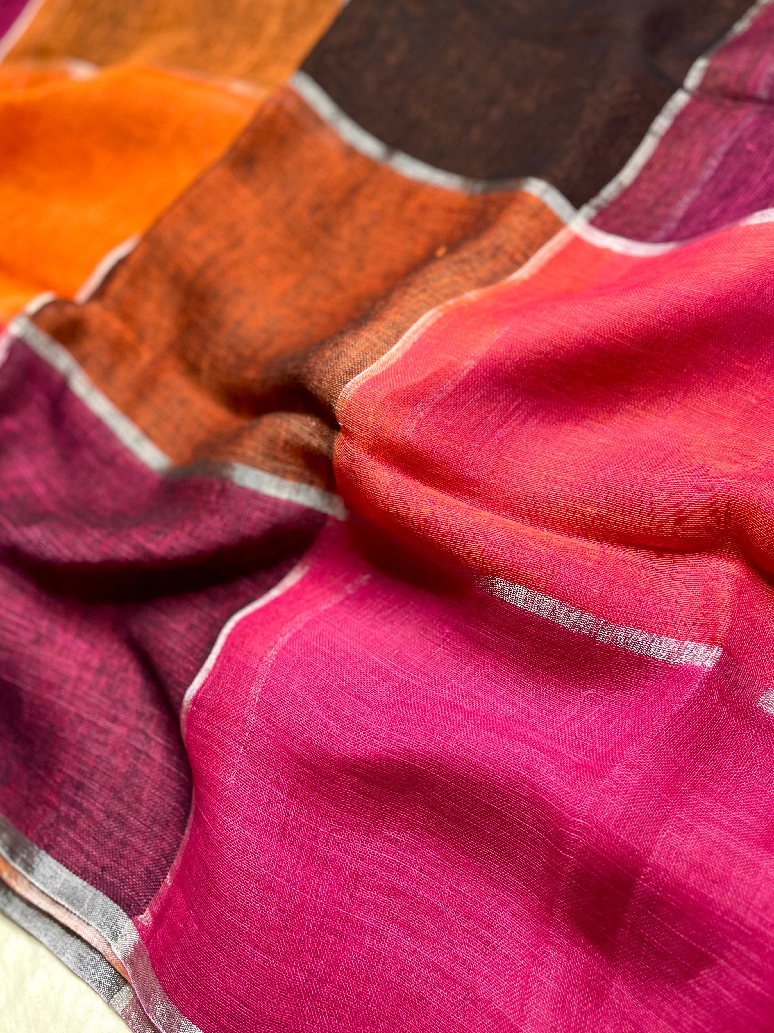 Handwoven Linen Saree -  Deep Pink + Rich Magenta