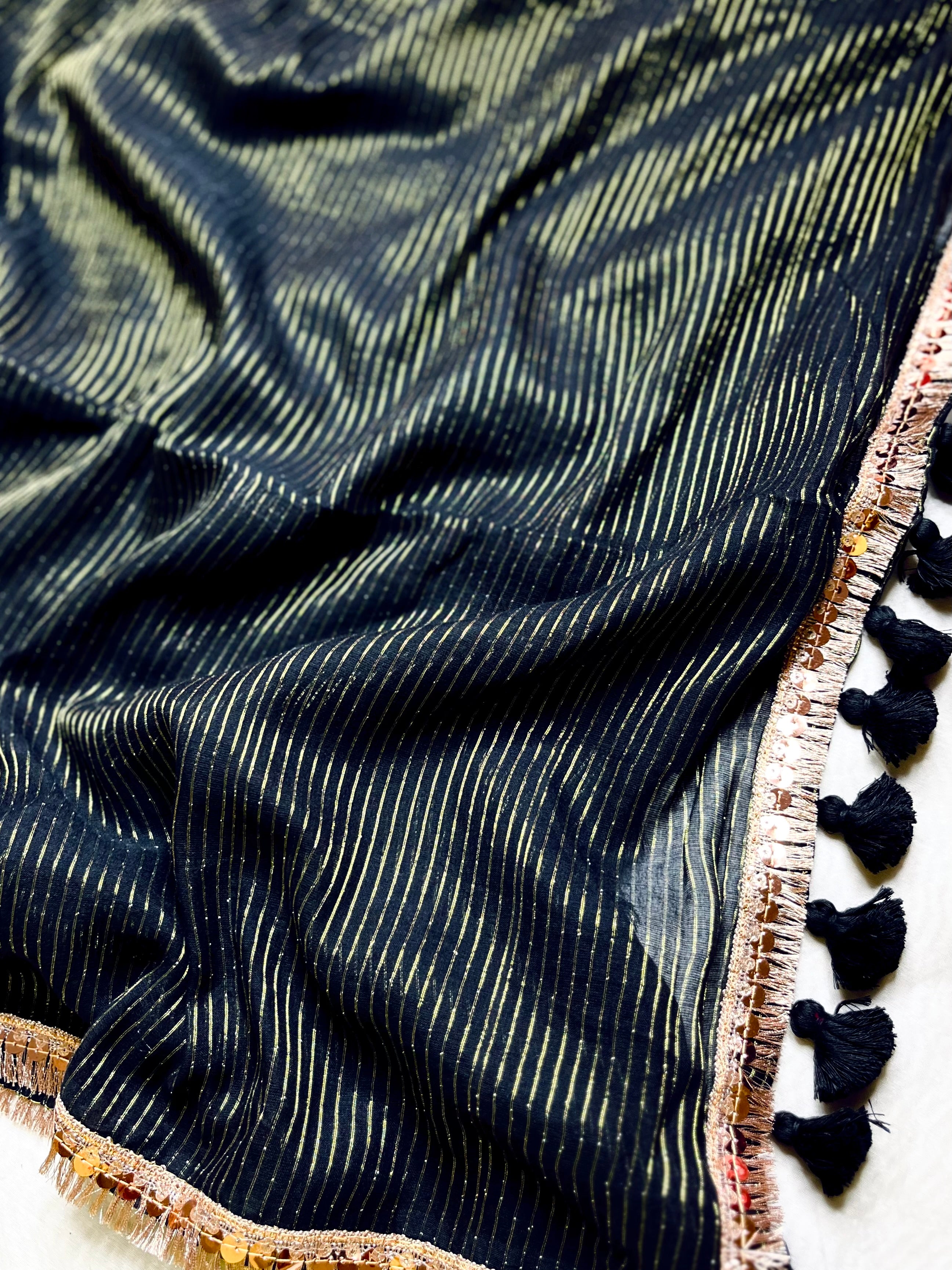 Handwoven Cotton Saree -  Pearl Black + Gold
