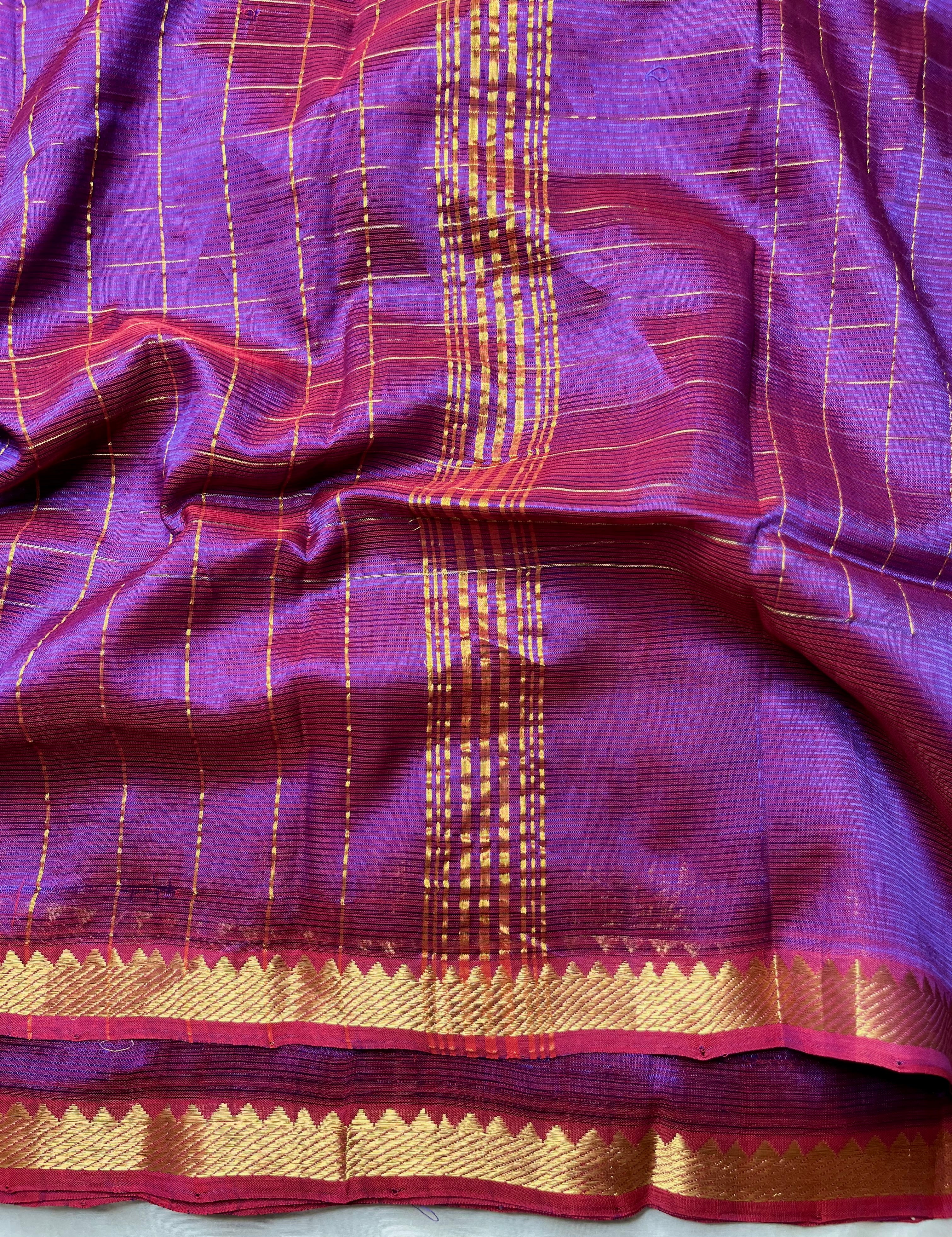 Handwoven Mangalgiri Silk Cotton Saree - Red Violet + Gold
