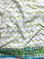 Load image into Gallery viewer, Handblock Printed Cotton Saree -  French White + Blue Green
