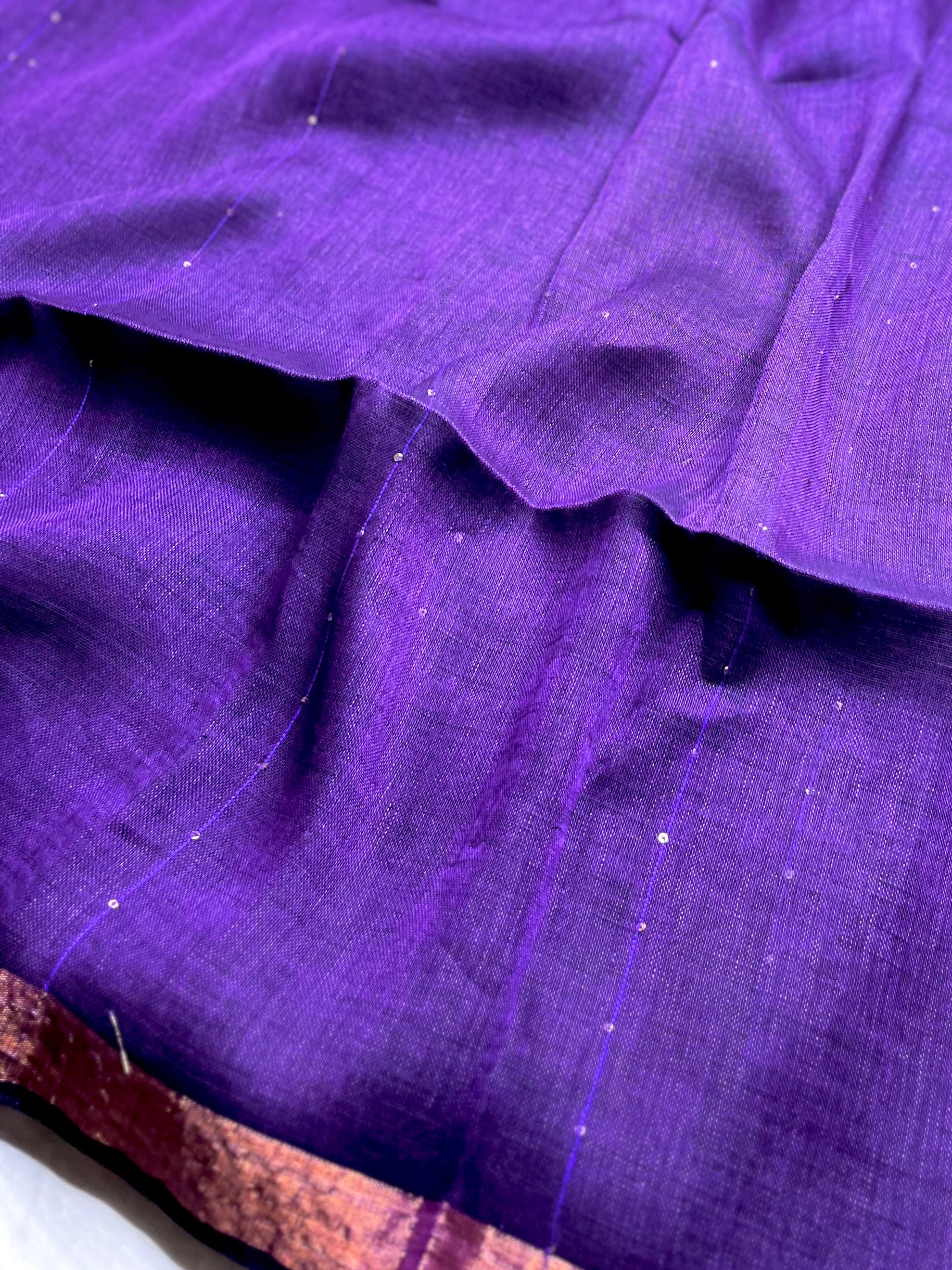 Handwoven Linen Saree -  Eggplant Purple + Gold