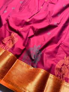 Kanchi Cotton Saree -  Mulberry Red + Fiery Orange