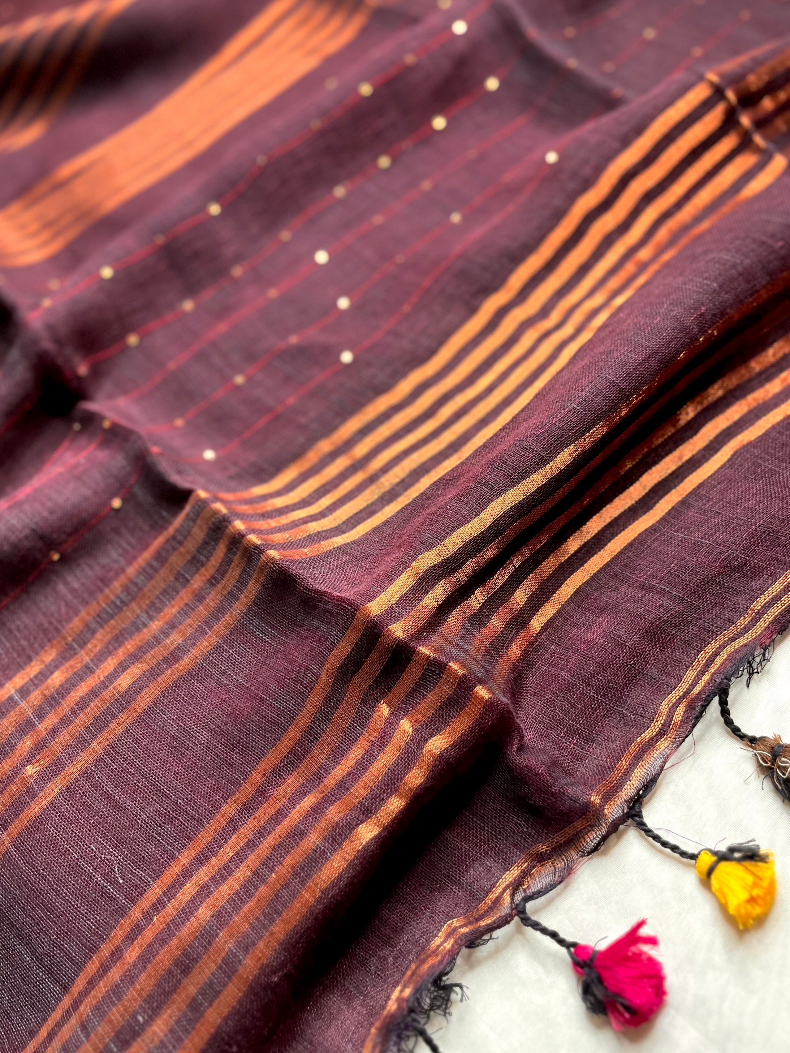 Handwoven Linen Saree -   Woody Brown + Gold