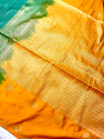 Load image into Gallery viewer, Soft Silk Saree  - Turquoise + Mango Yellow
