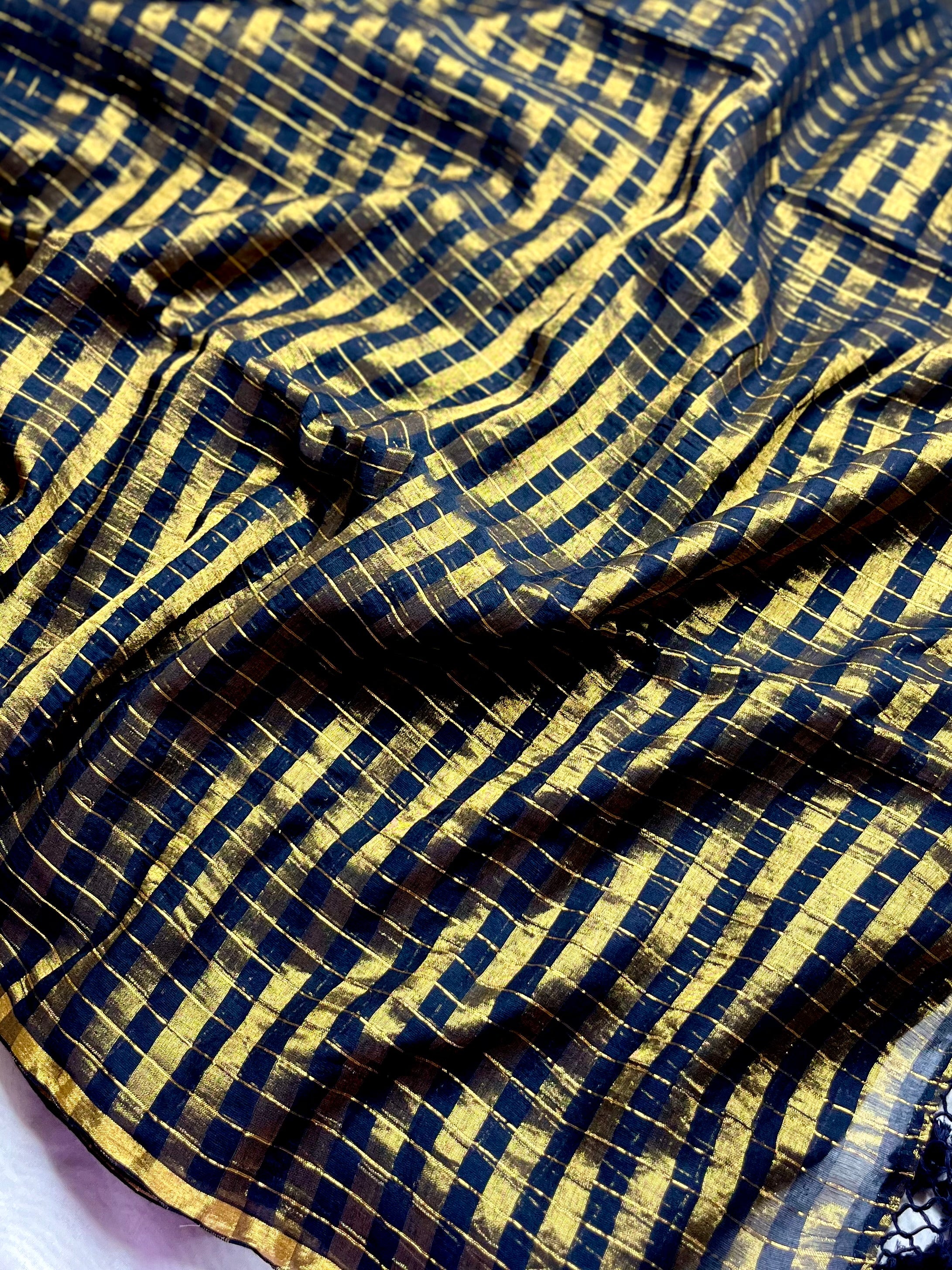 Handwoven Cotton Saree -  Russian Black + Gold