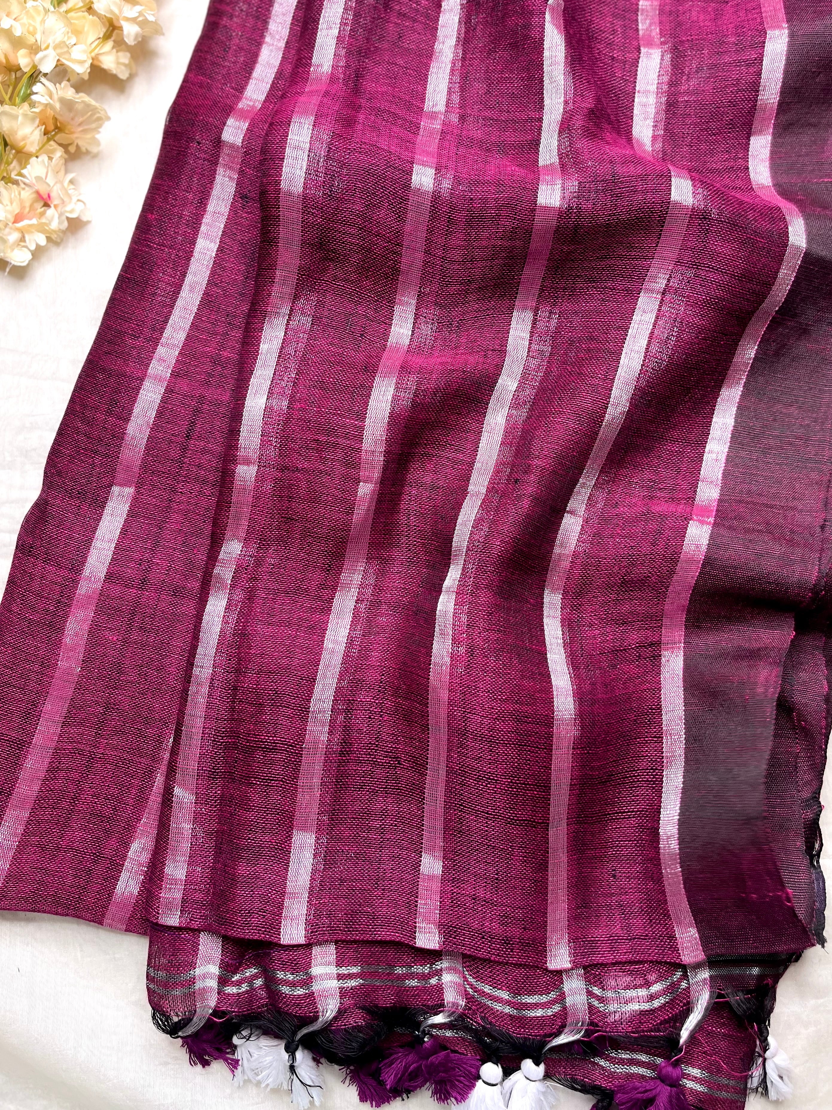Handwoven Linen Saree - Mulberry Violet + Silver