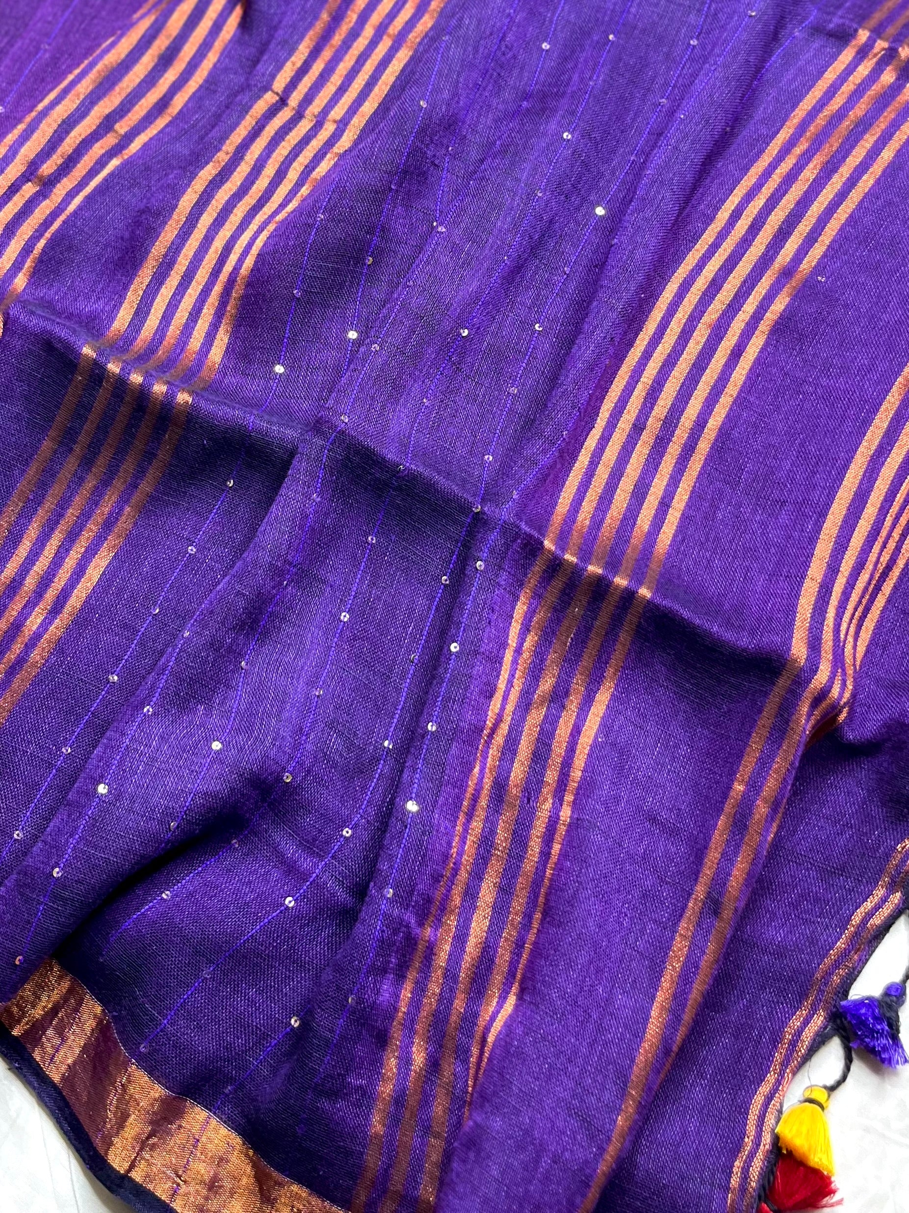 Handwoven Linen Saree -  Eggplant Purple + Gold