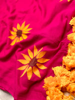 Load image into Gallery viewer, Hand Painted Cotton Saree - Cerise Rose + Corn Yellow
