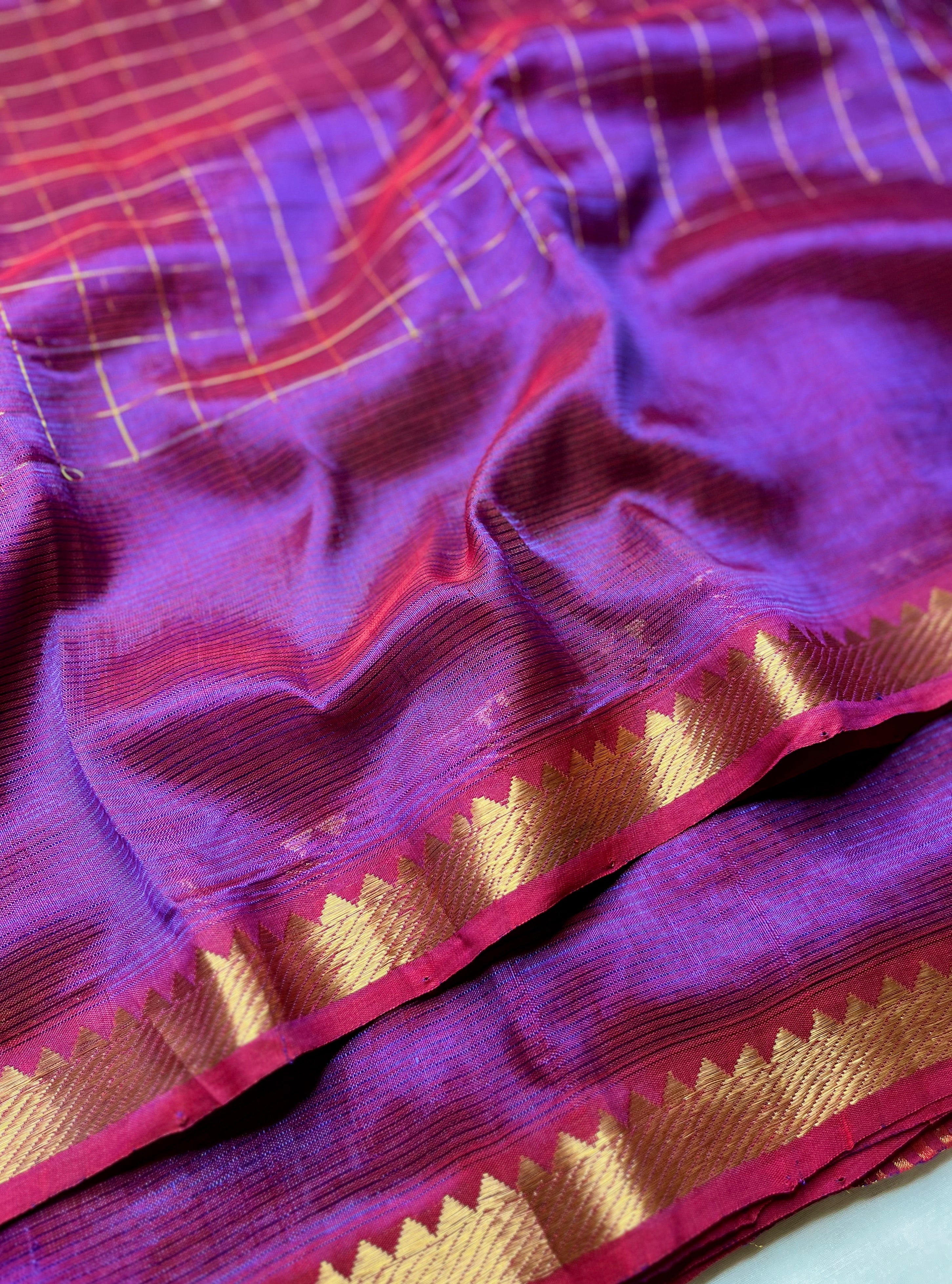 Handwoven Mangalgiri Silk Cotton Saree - Red Violet + Gold