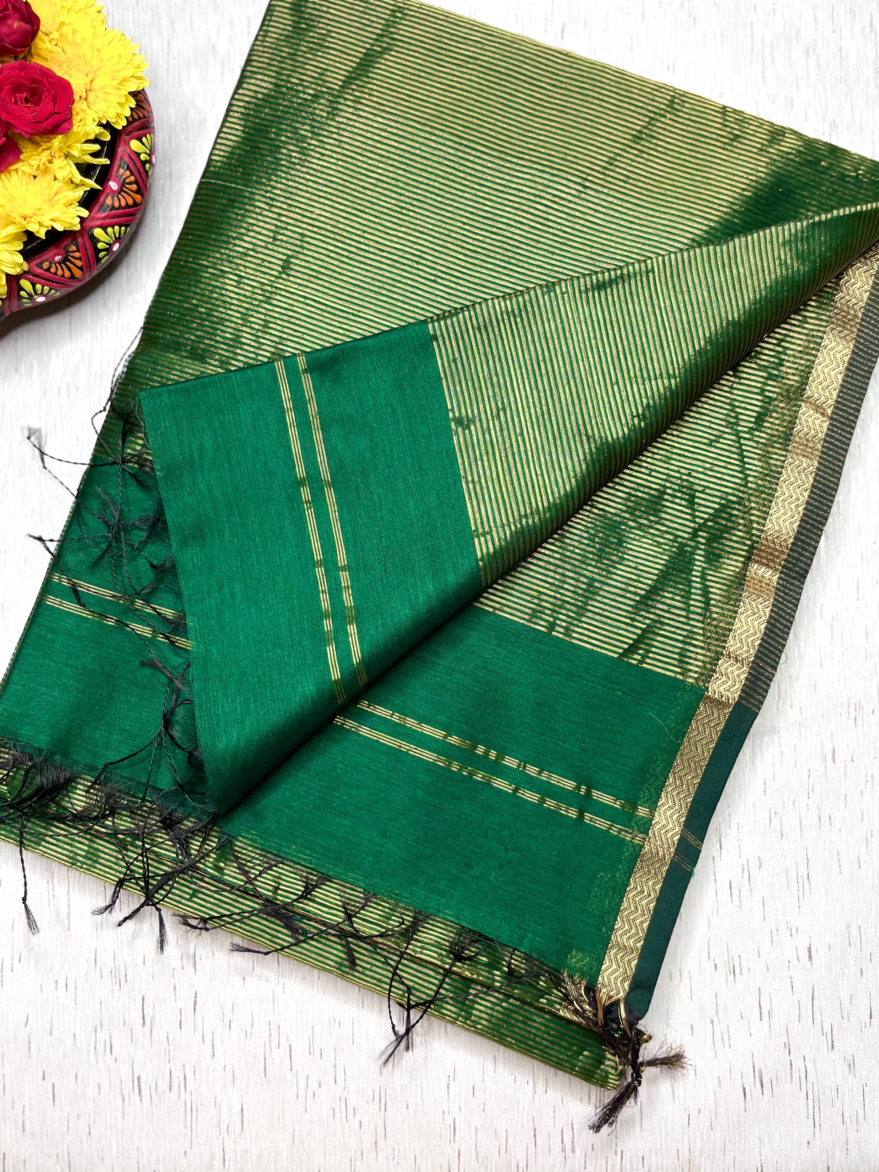 Handwoven Maheshwari Silk Cotton Saree - Bottle Green