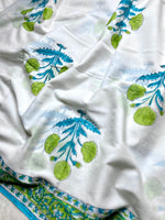 Load image into Gallery viewer, Handblock Printed Cotton Saree -  French White + Blue Green
