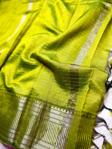 Handwoven Silk Cotton Saree - Lime Green + Silver