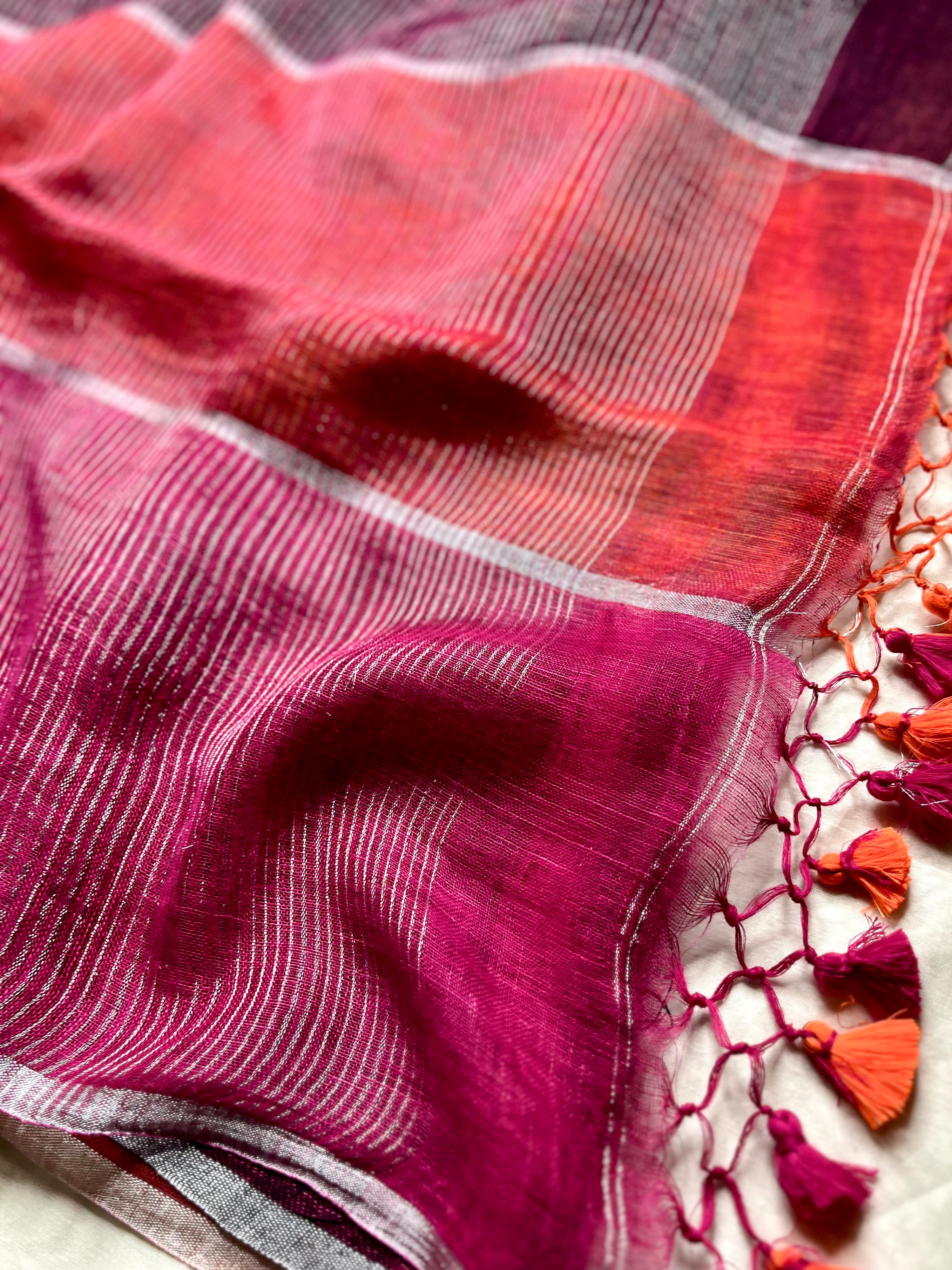 Handwoven Linen Saree -  Deep Pink + Rich Magenta