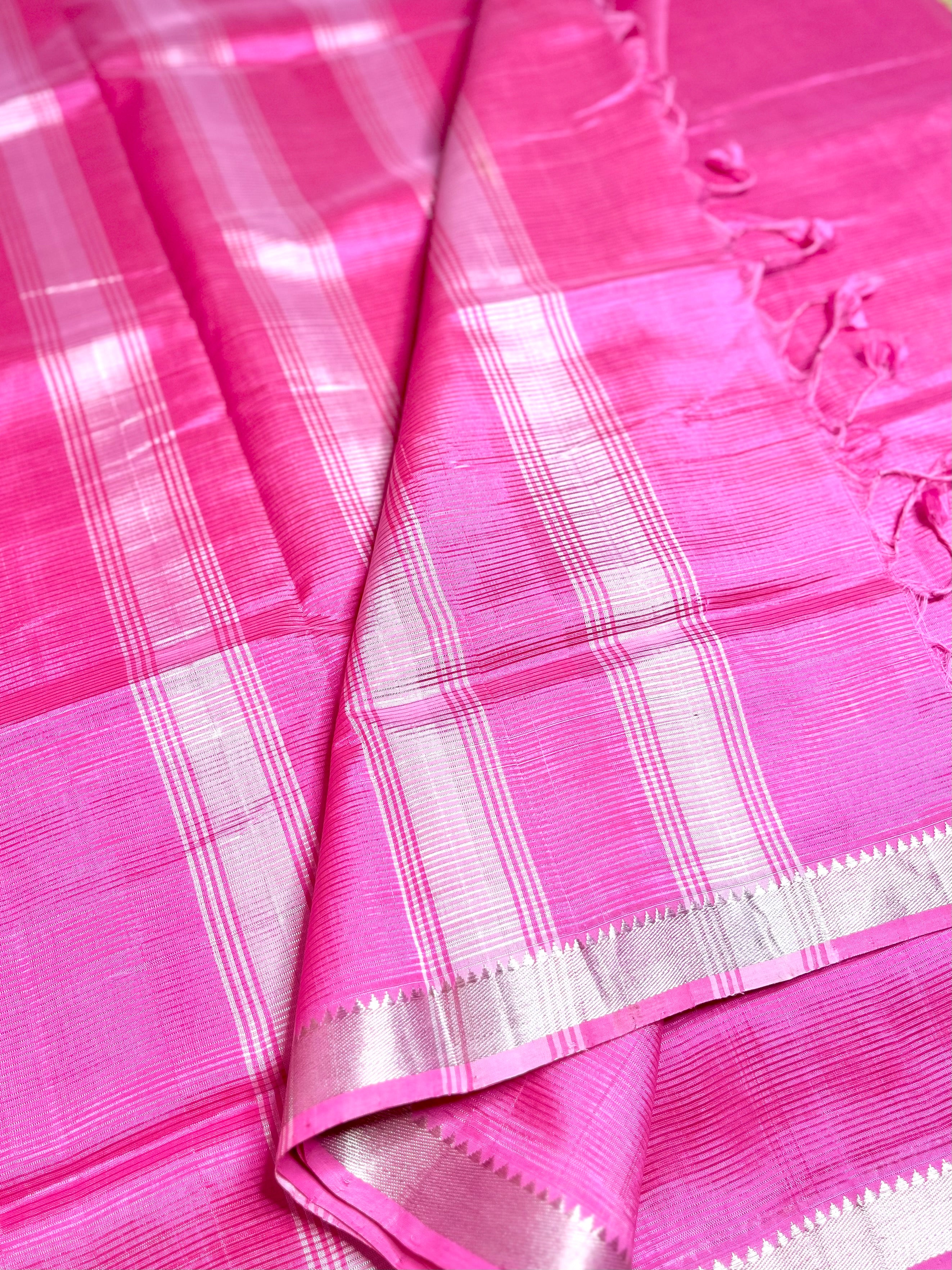 Handwoven Mangalgiri Silk Cotton Saree - Brilliant Rose + Silver