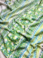 Load image into Gallery viewer, Handblock Printed Cotton Saree -  French White + Blue Green
