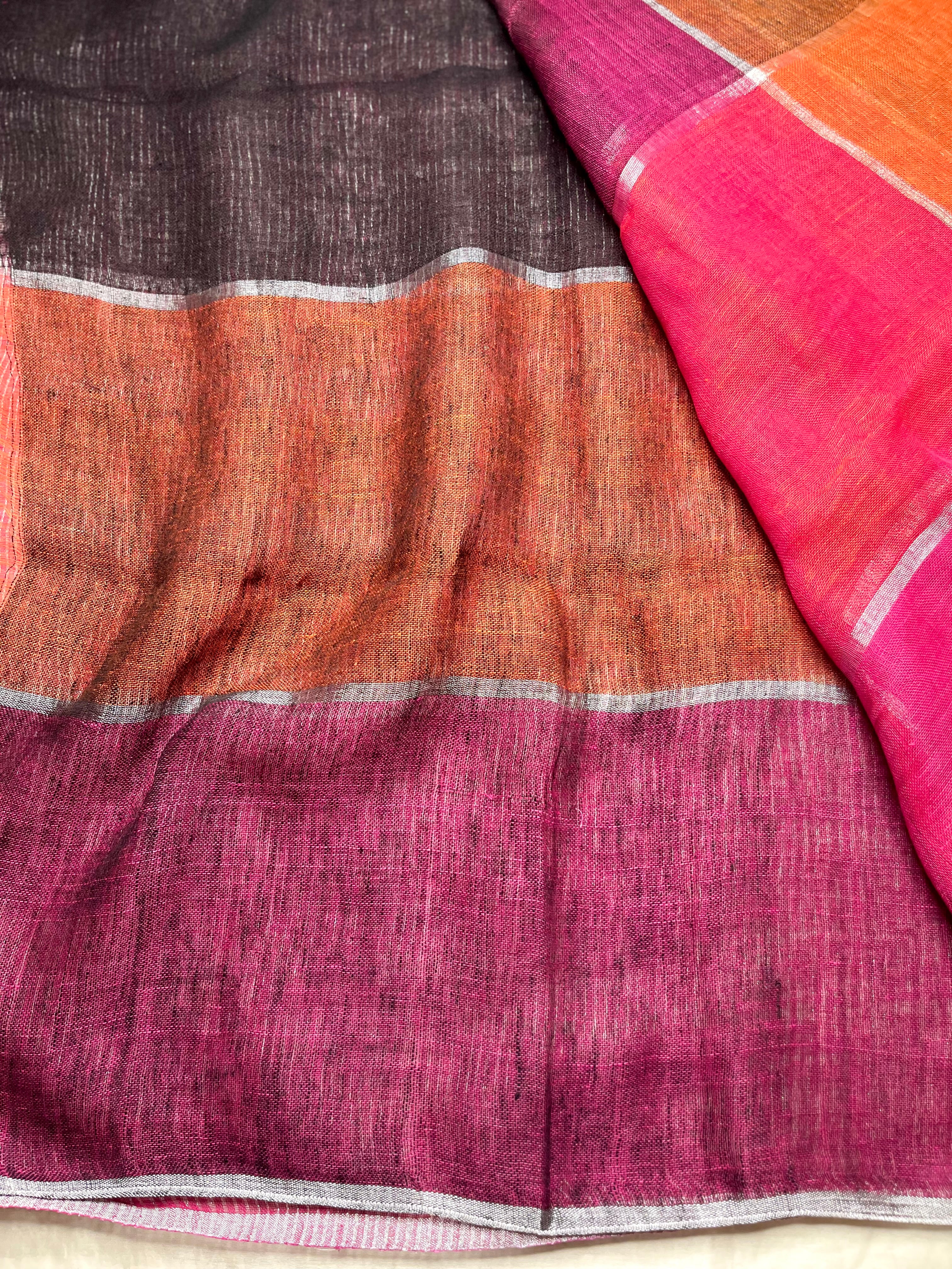 Handwoven Linen Saree -  Deep Pink + Rich Magenta