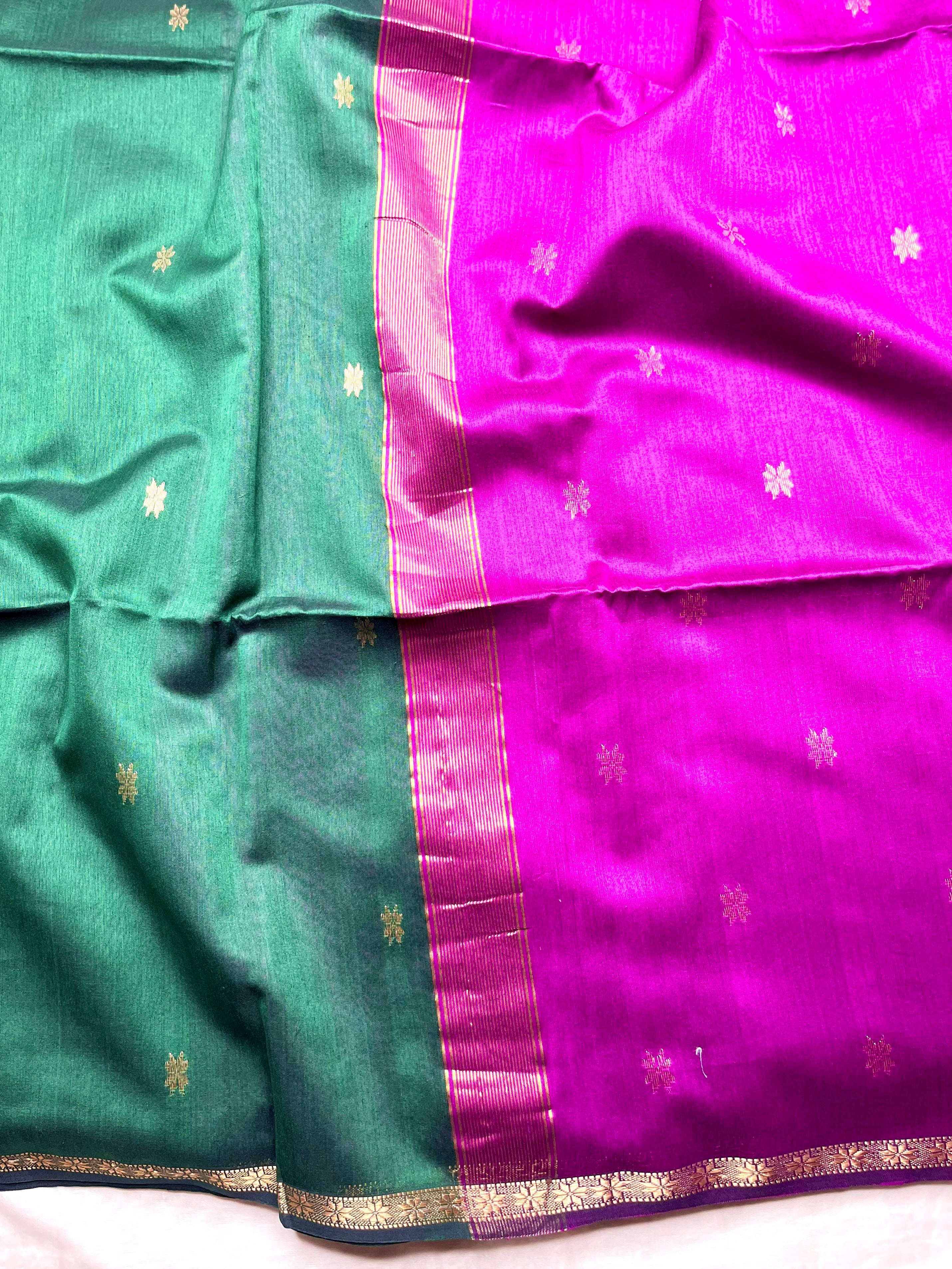 Handwoven Maheshwari Silk Cotton Saree - Bottle Green + Mulberry Pink
