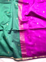 Load image into Gallery viewer, Handwoven Maheshwari Silk Cotton Saree - Bottle Green + Mulberry Pink
