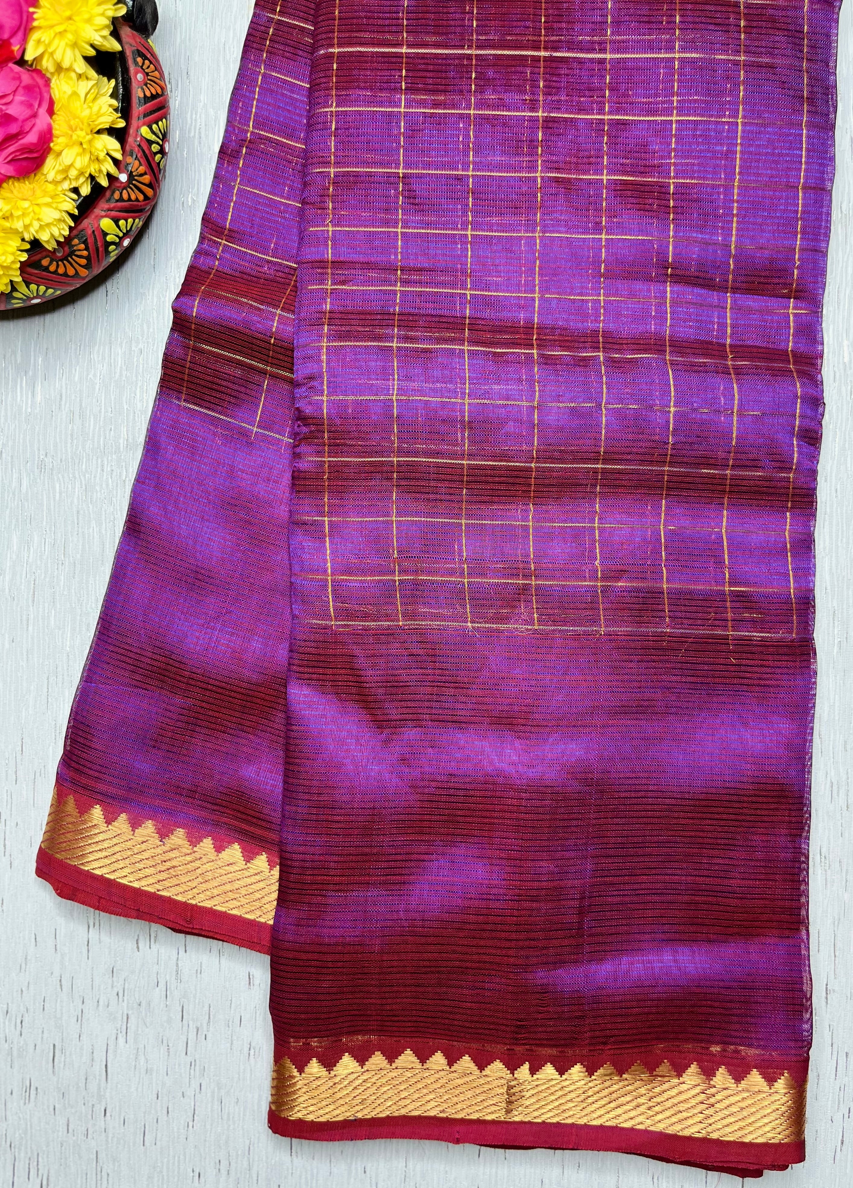 Handwoven Mangalgiri Silk Cotton Saree - Red Violet + Gold