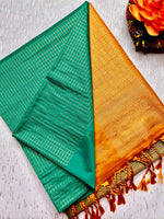 Load image into Gallery viewer, Soft Silk Saree  - Turquoise + Mango Yellow
