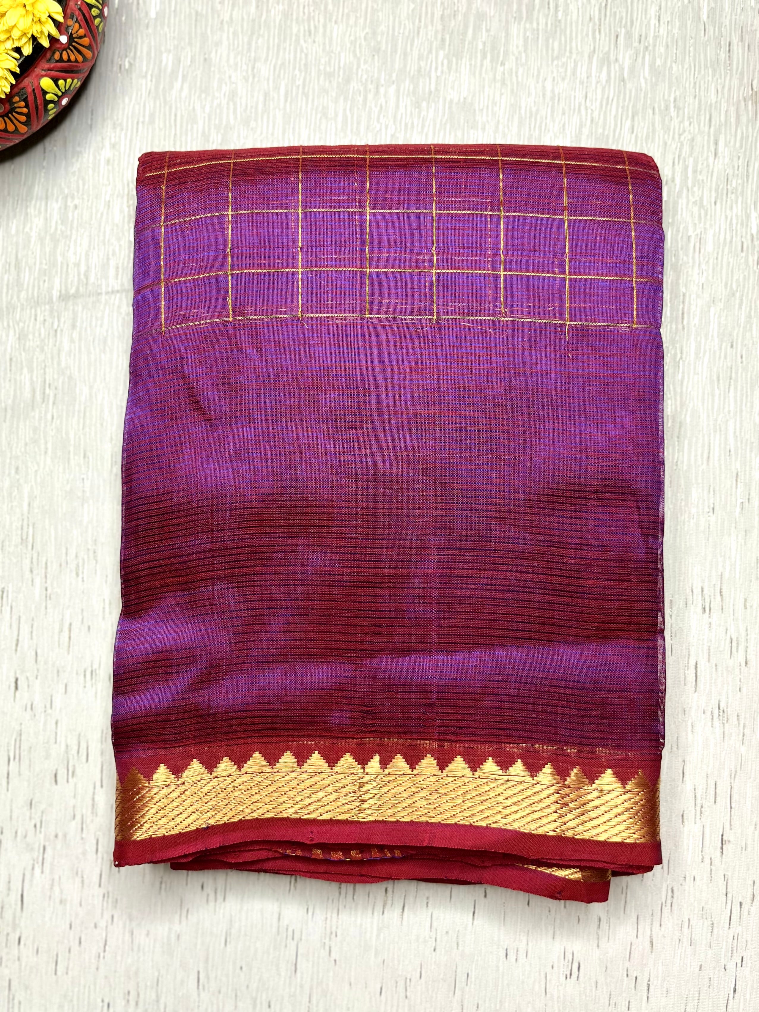 Handwoven Mangalgiri Silk Cotton Saree - Red Violet + Gold