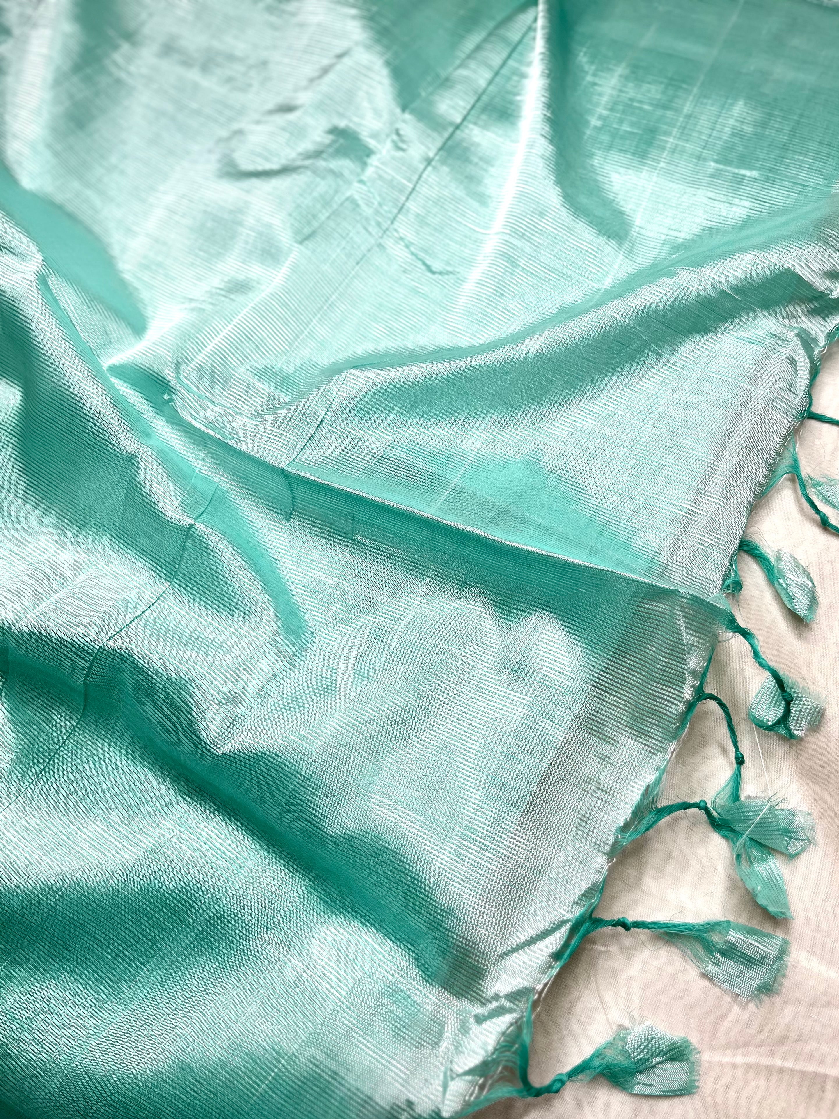 Handwoven silk cotton saree - Pale Turquoise + Tissue Grey