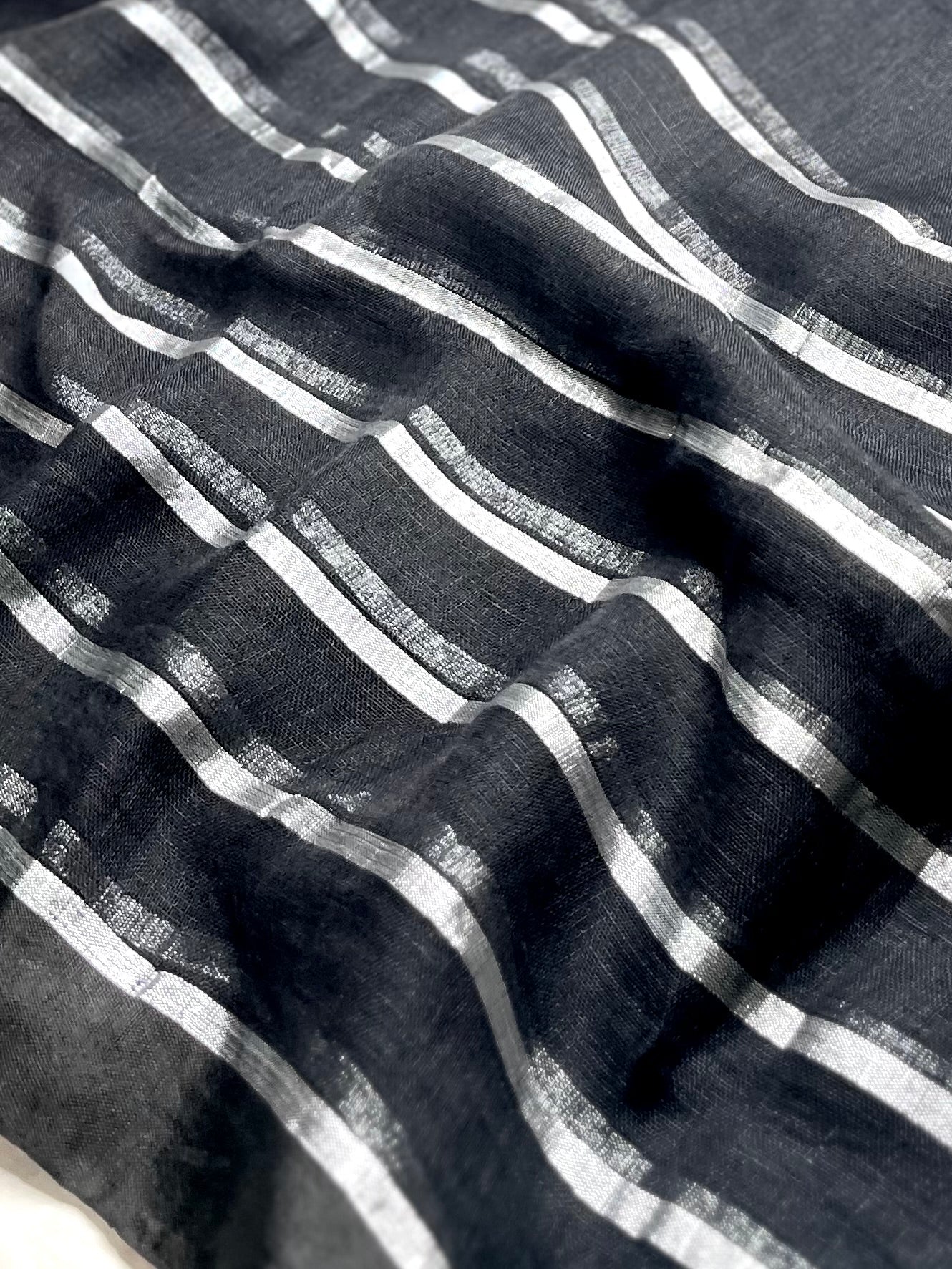 Handwoven Linen Saree - Black Pearl + Silver