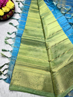 Load image into Gallery viewer, Handwoven Art Silk Saree -  Yellow Green+ Denim Blue
