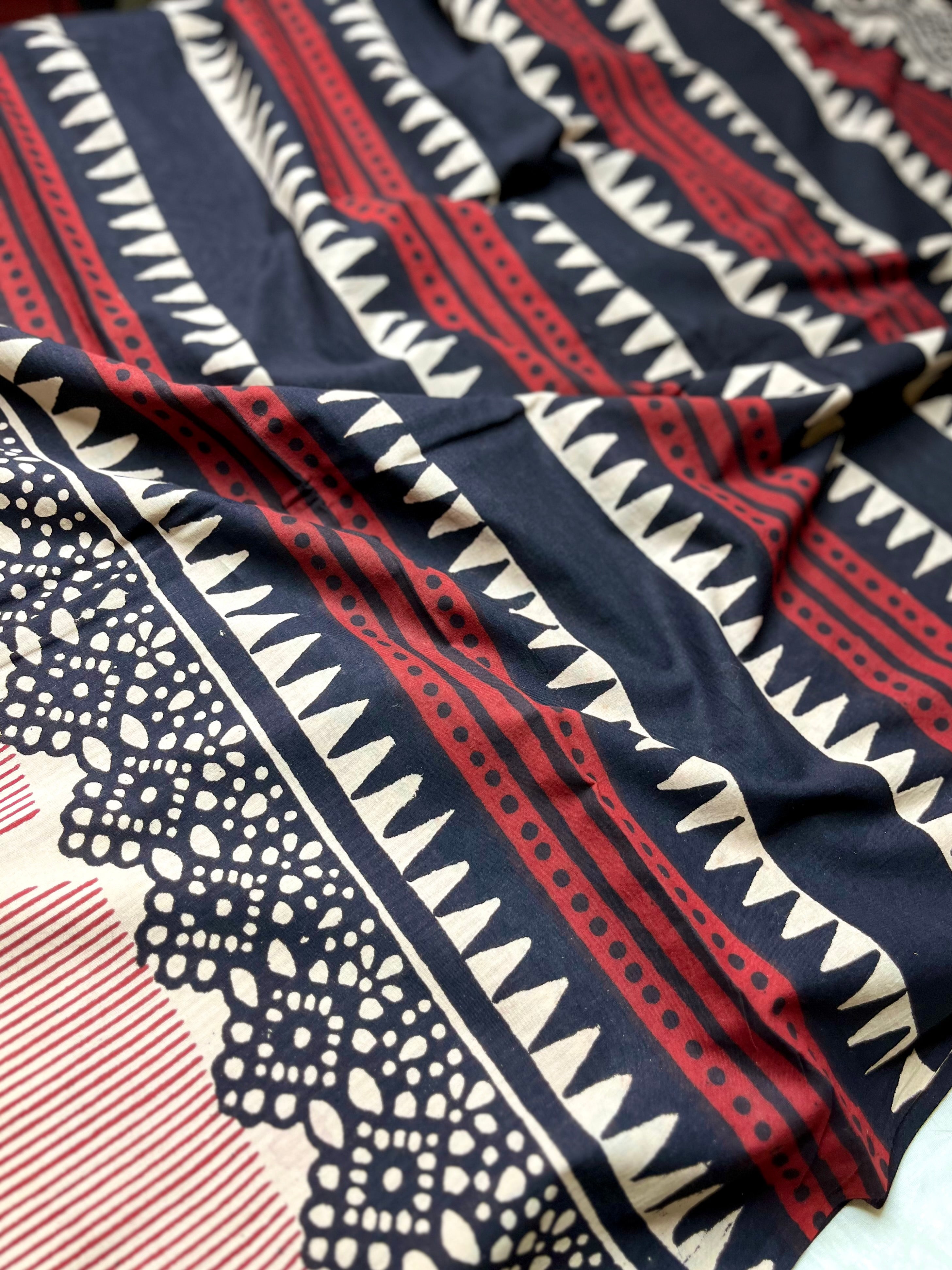 Handblock Printed Cotton Saree - Soft Peach + Mulberry Red
