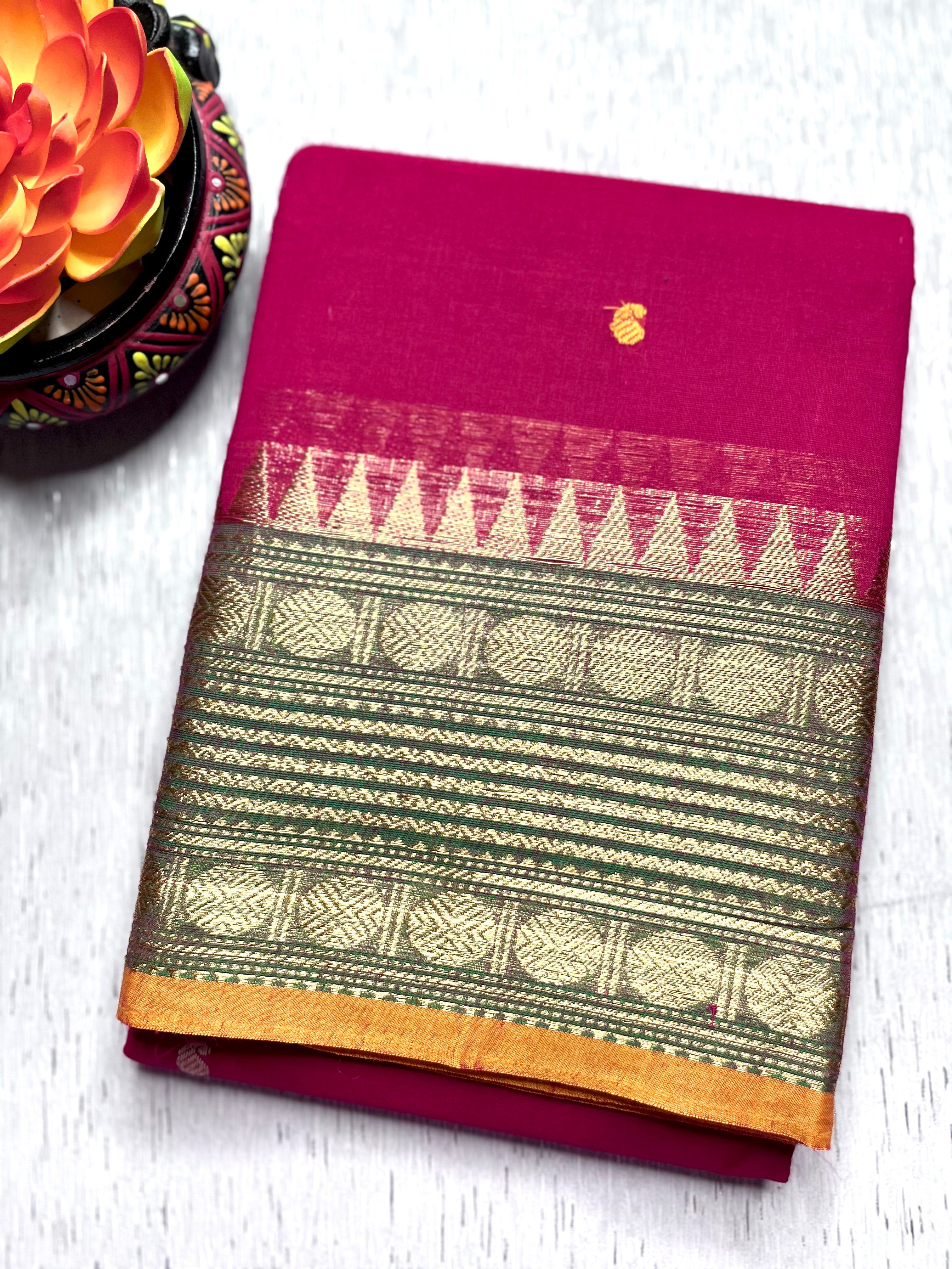 Chettinad Cotton Saree - Cerise Pink + Spicy Green
