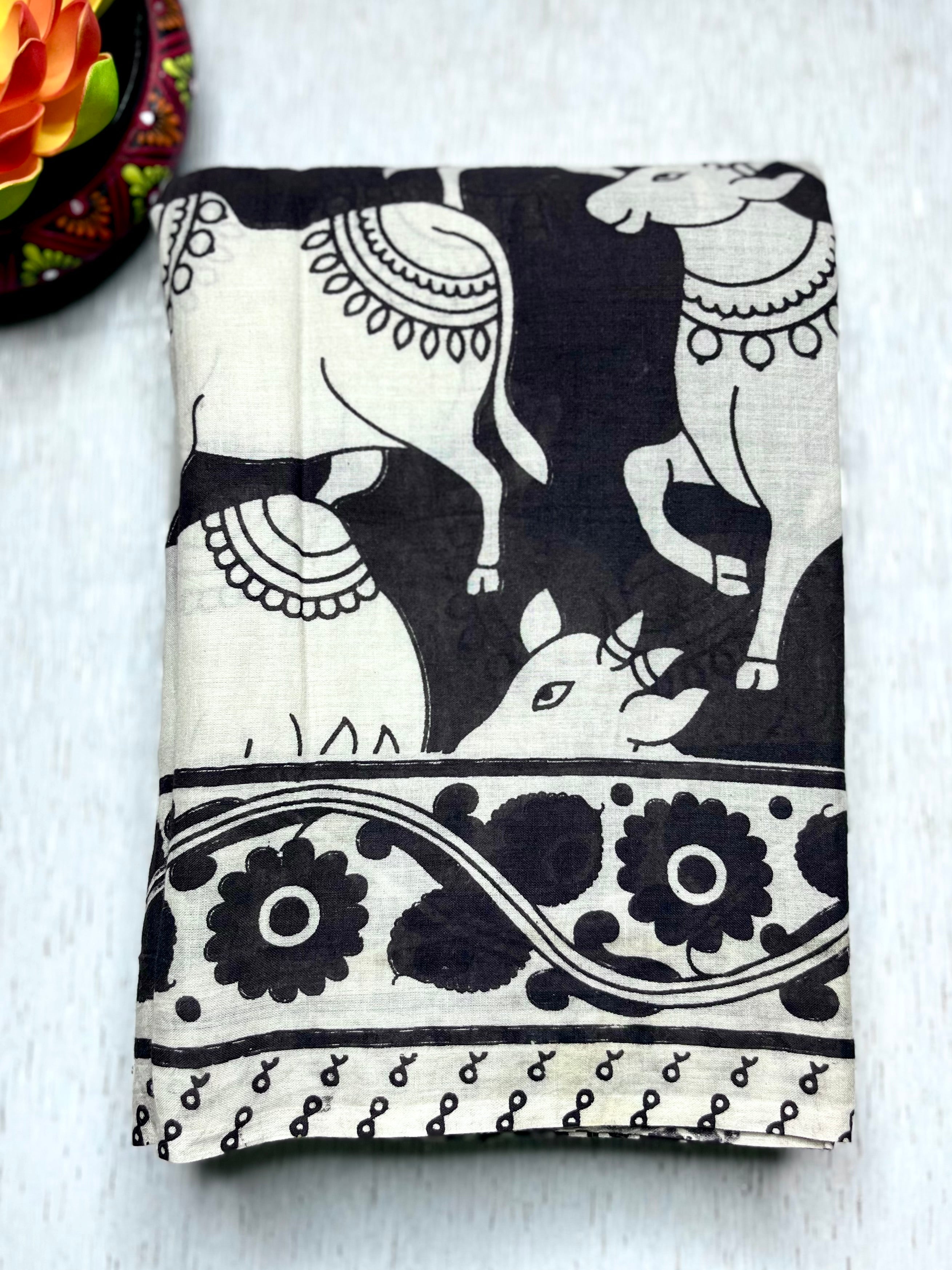 Handcrafted Kalamkari Cotton Saree - Smokey Black + Soft Cream