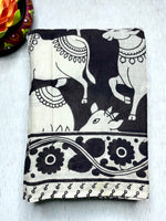 Load image into Gallery viewer, Handcrafted Kalamkari Cotton Saree - Smokey Black + Soft Cream
