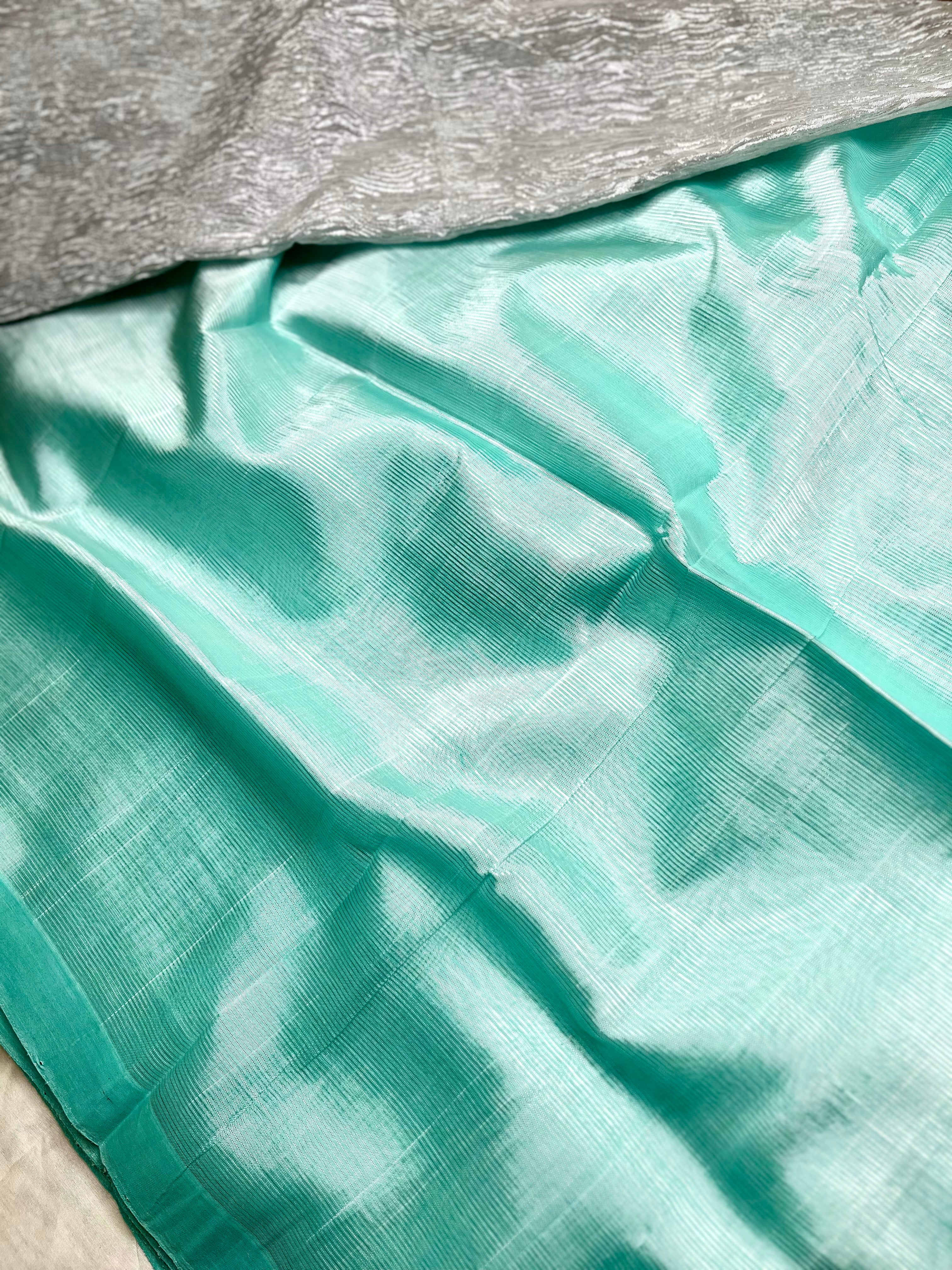 Handwoven silk cotton saree - Pale Turquoise + Tissue Grey