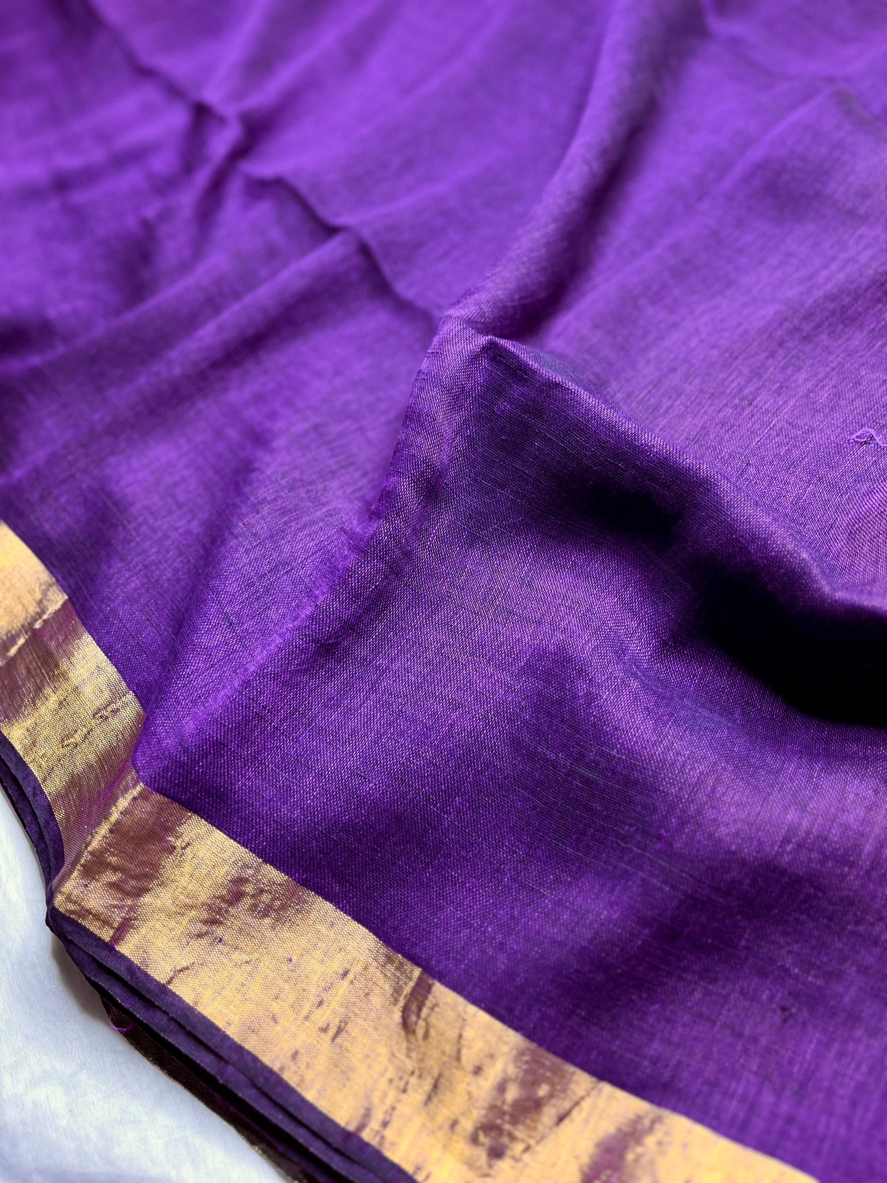 Handwoven Linen Saree - Persian Violet + Gold