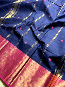 Chettinad Cotton Saree - Deep Blue + Medium Red Violet