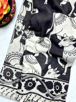 Load image into Gallery viewer, Handcrafted Kalamkari Cotton Saree - Smokey Black + Soft Cream
