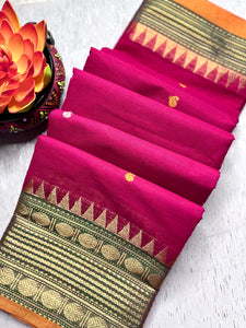 Chettinad Cotton Saree - Cerise Pink + Spicy Green