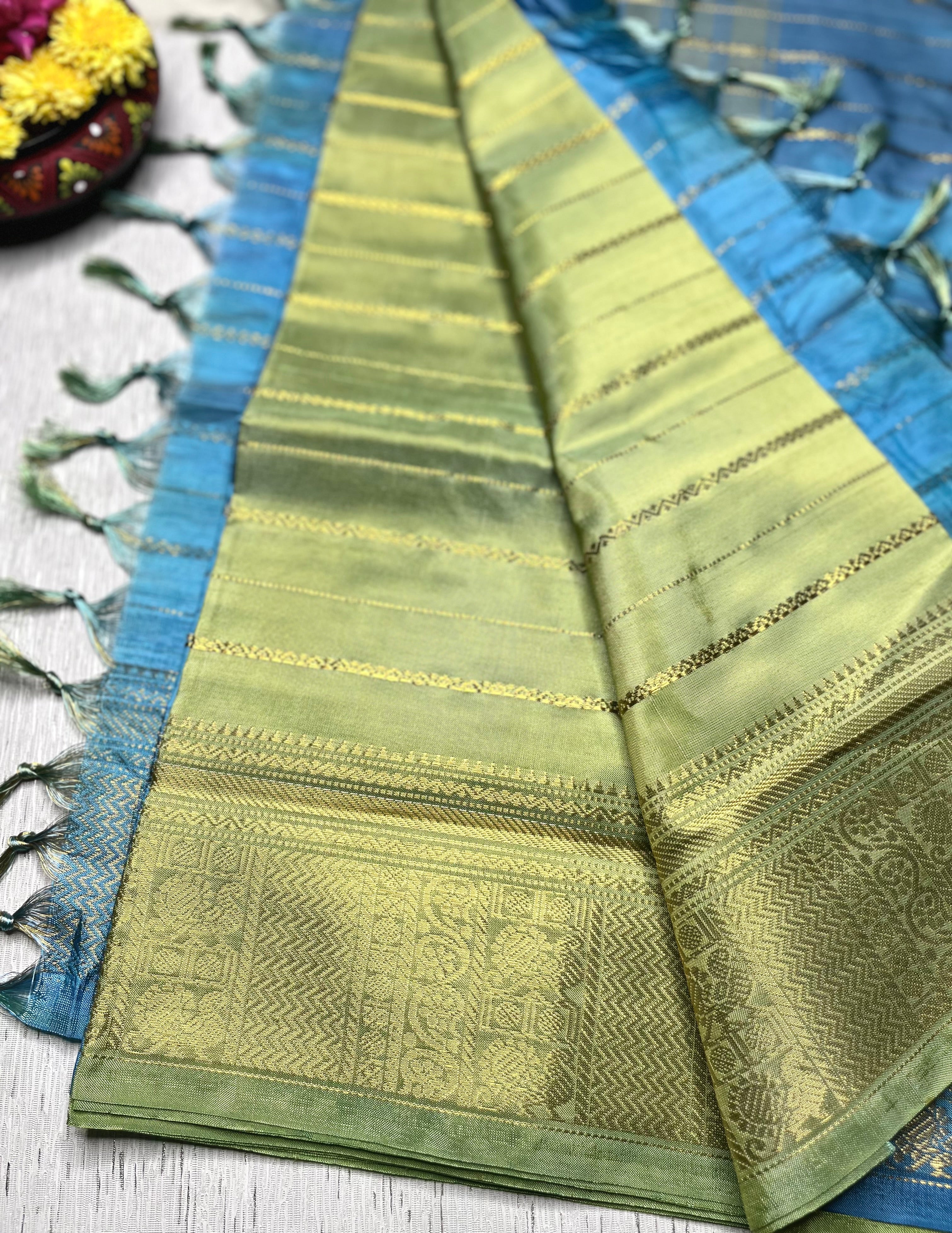 Handwoven Art Silk Saree -  Yellow Green+ Denim Blue