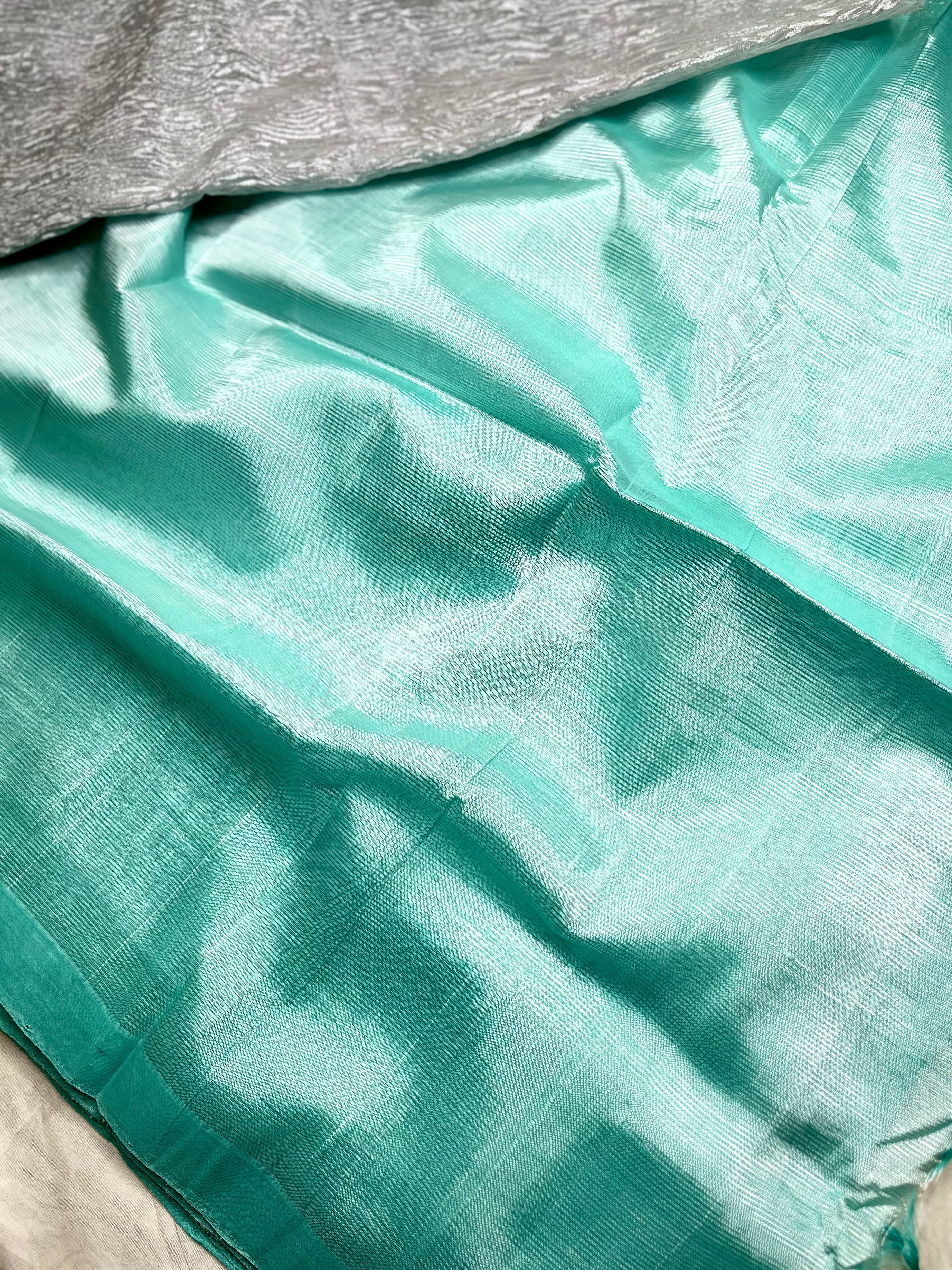 Handwoven silk cotton saree - Pale Turquoise + Tissue Grey