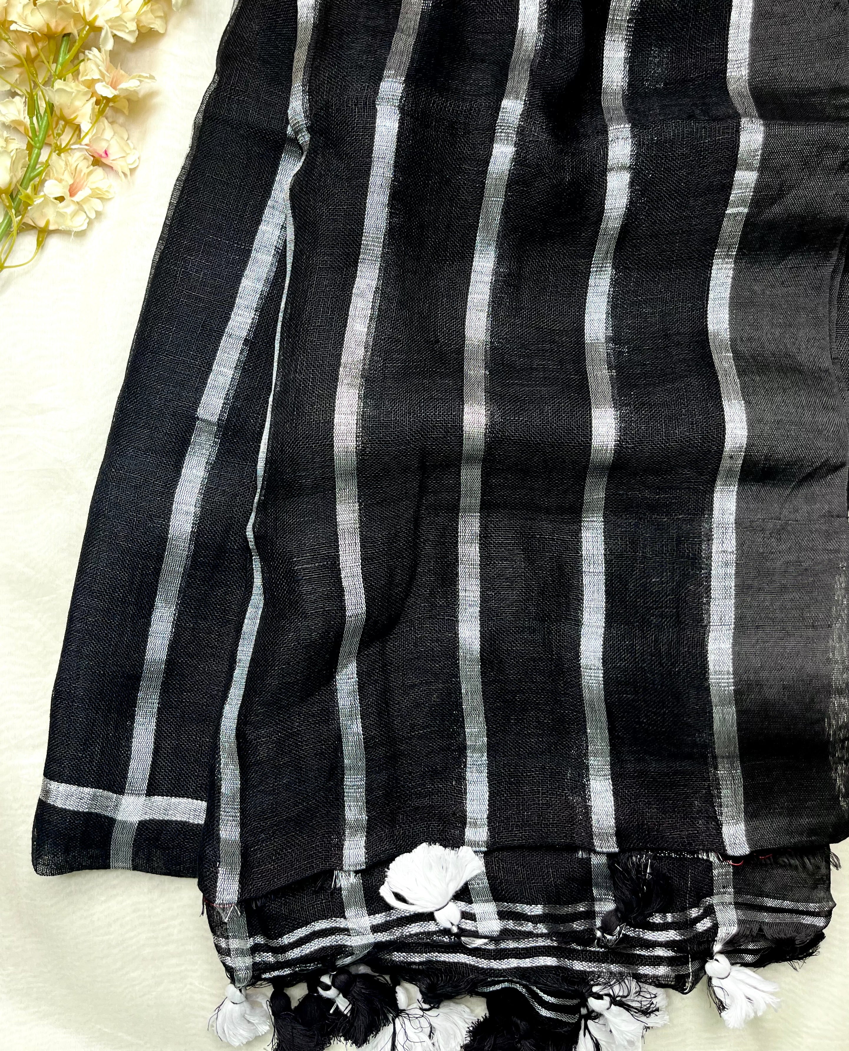 Handwoven Linen Saree - Black Pearl + Silver