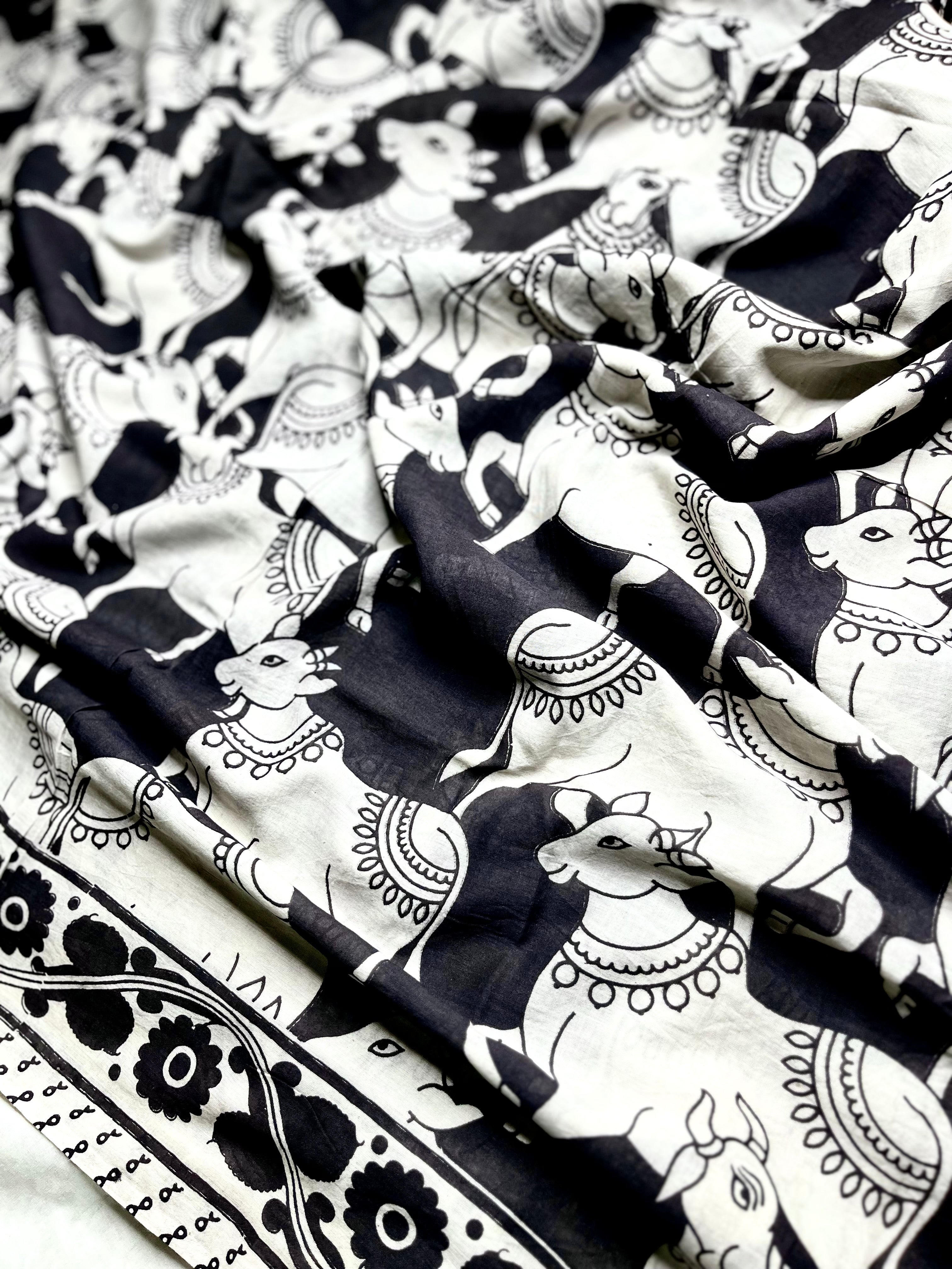 Handcrafted Kalamkari Cotton Saree - Smokey Black + Soft Cream