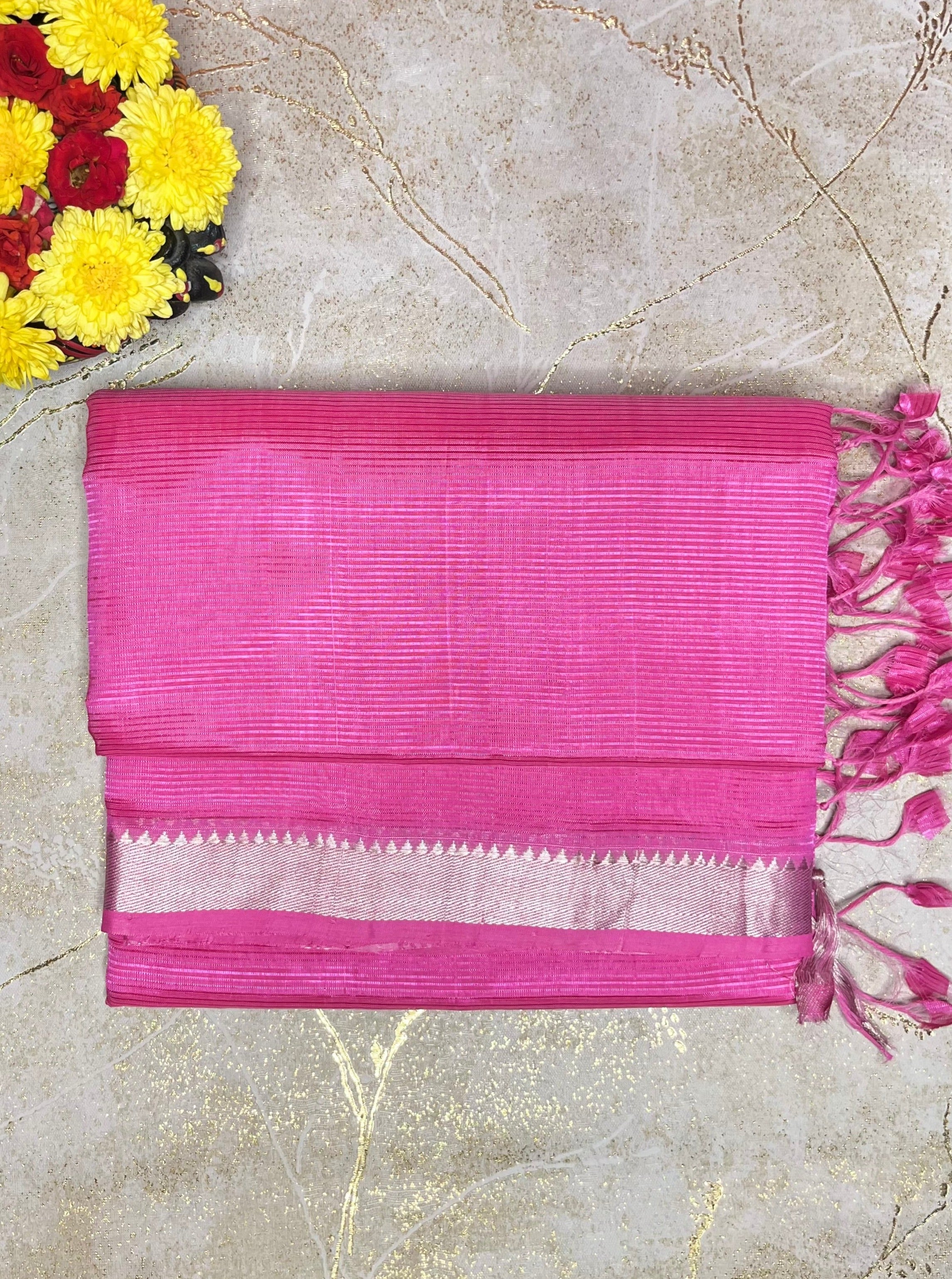 Handwoven Mangalgiri Silk Cotton Saree - Brilliant Rose + Silver